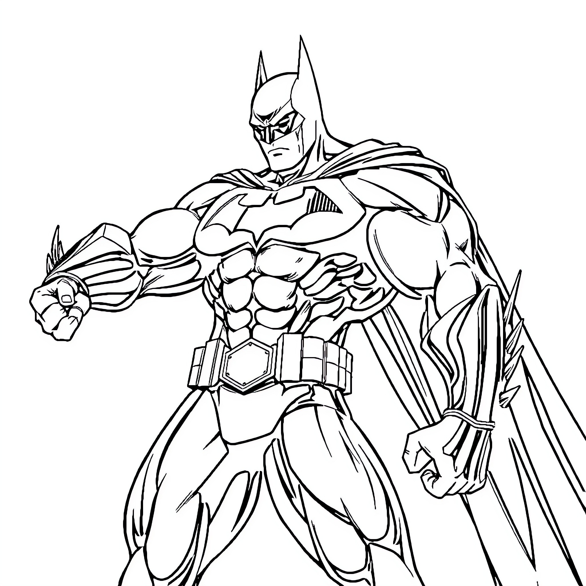 Batman in Heroic Pose with Intense Expression Coloring Page (free black-and-white line drawing printable PDF for all, from beginners to advanced learners, including children, teens, adults, and seniors)