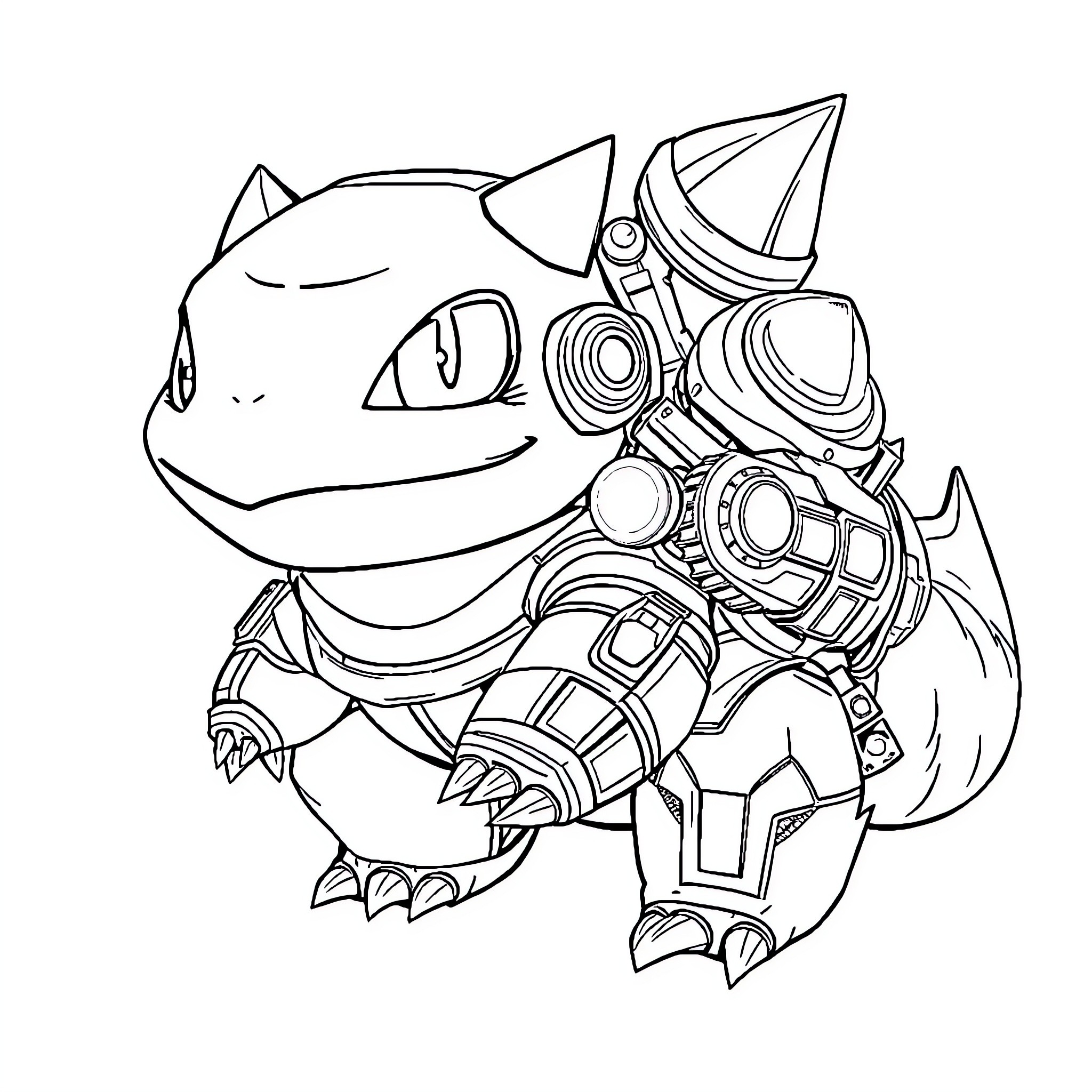 Bulbasaur in Mechanical Armor Coloring Page (free black-and-white line drawing printable PDF for all, from beginners to advanced learners, including children, teens, adults, and seniors)