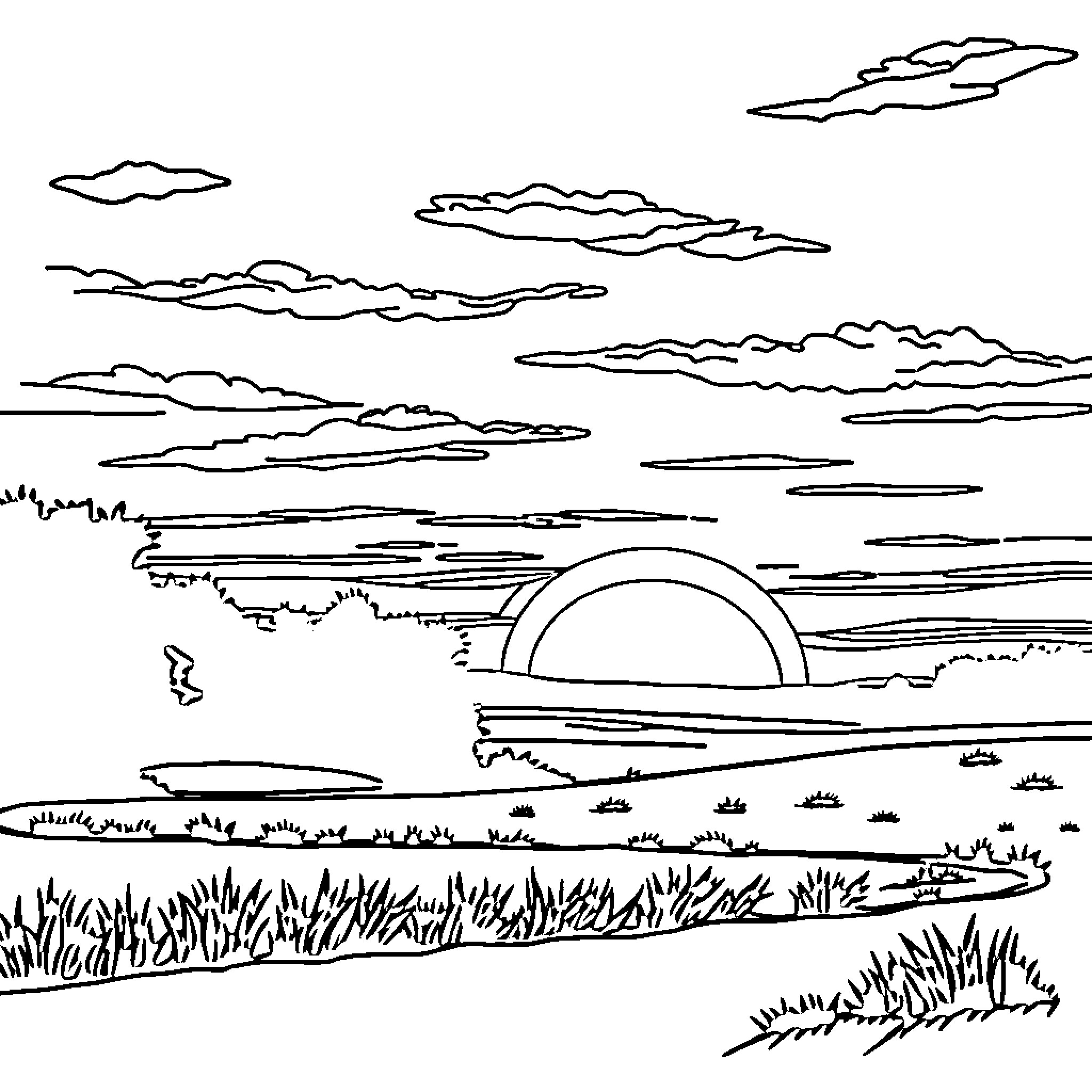 Sunset over the tranquil landscape Coloring Page (free black-and-white line drawing printable PDF for all, from beginners to advanced learners, including children, teens, adults, and seniors)