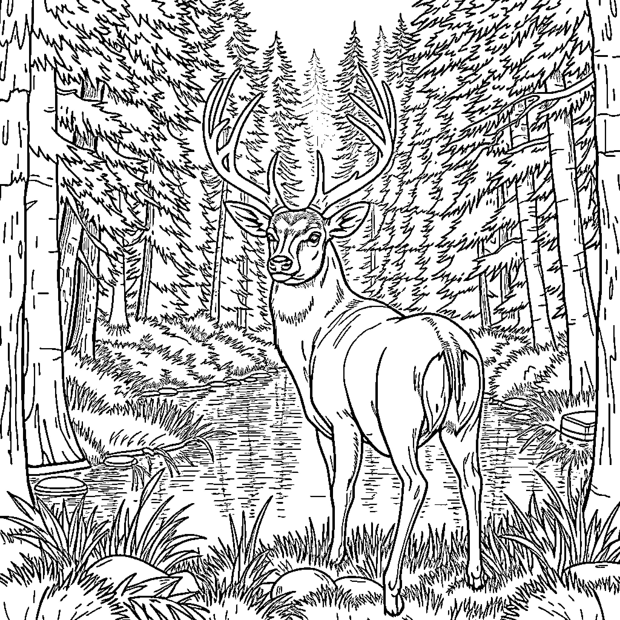 Deer standing amidst forest scenery Coloring Page (free black-and-white line drawing printable PDF for all, from beginners to advanced learners, including children, teens, adults, and seniors)