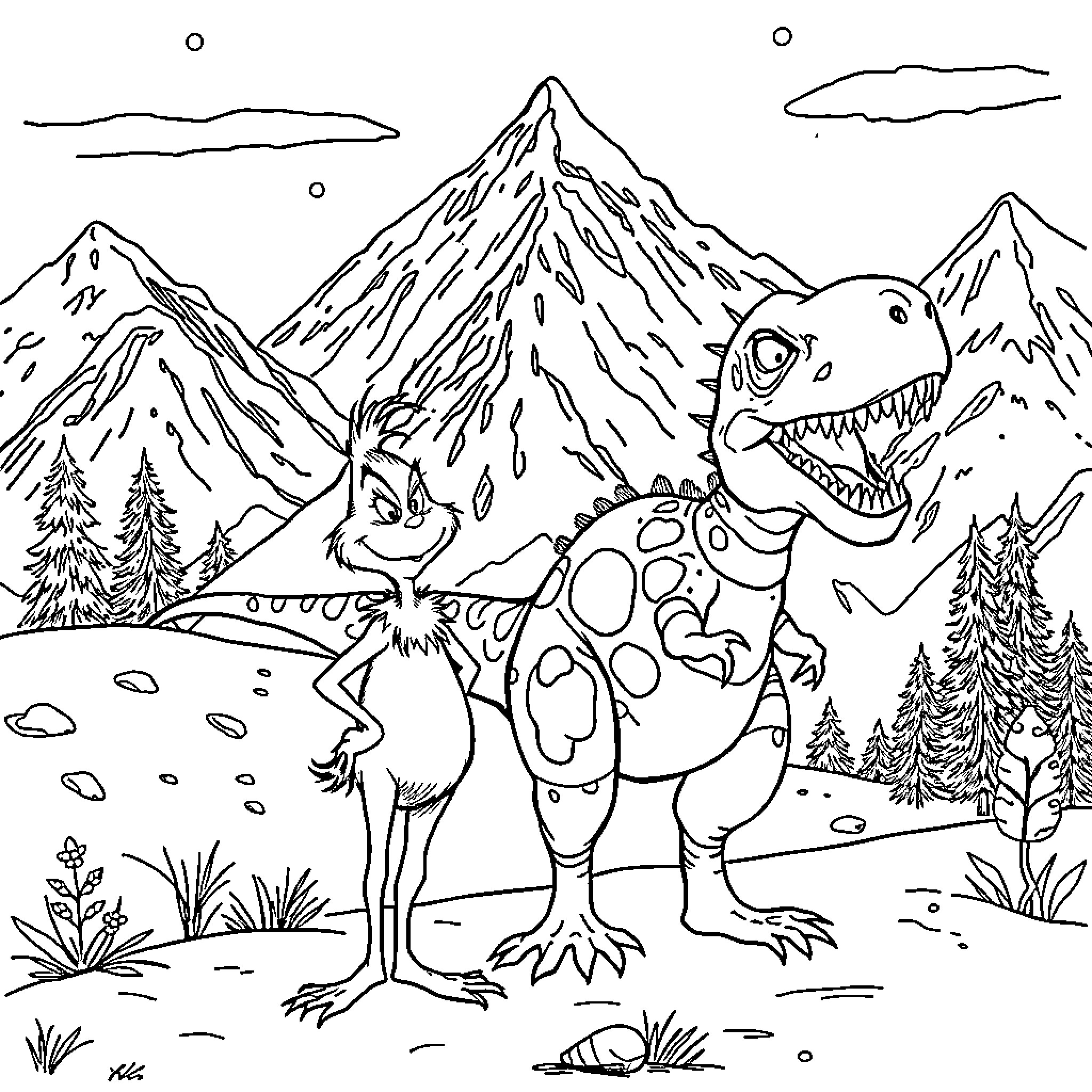 Grinch and Dinosaur in Snowy Mountain Scene Coloring Page (free black-and-white line drawing printable PDF for all, from beginners to advanced learners, including children, teens, adults, and seniors)