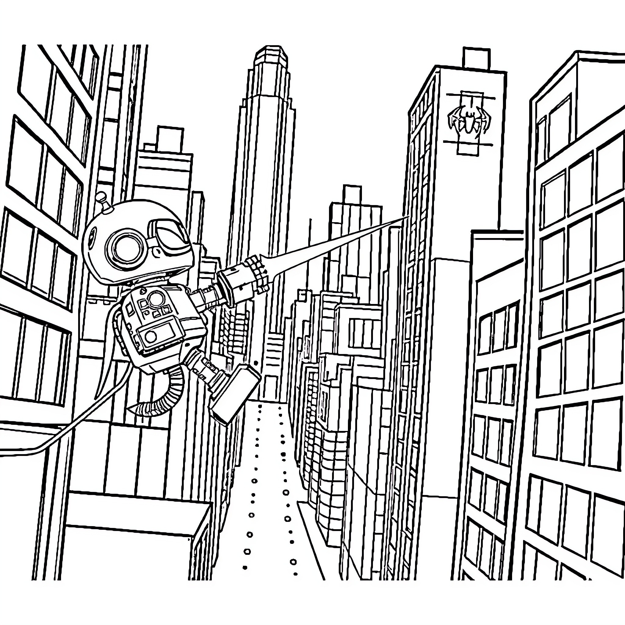 Pont Cityscape Exploring with Robotic Companion Coloring Page (free black-and-white line drawing printable PDF for all, from beginners to advanced learners, including children, teens, adults, and seniors)