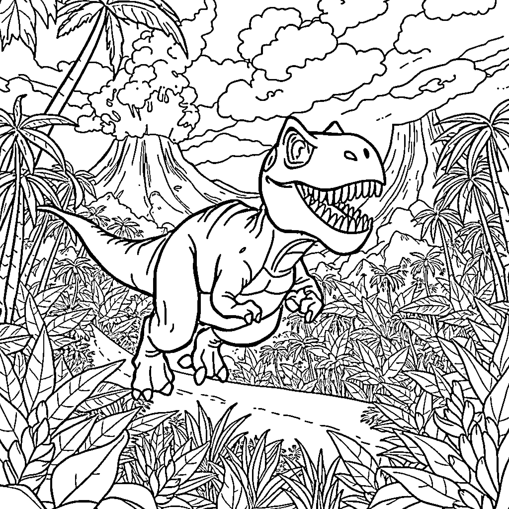 T-Rex roaring in prehistoric jungle landscape Coloring Page (free black-and-white line drawing printable PDF for all, from beginners to advanced learners, including children, teens, adults, and seniors)