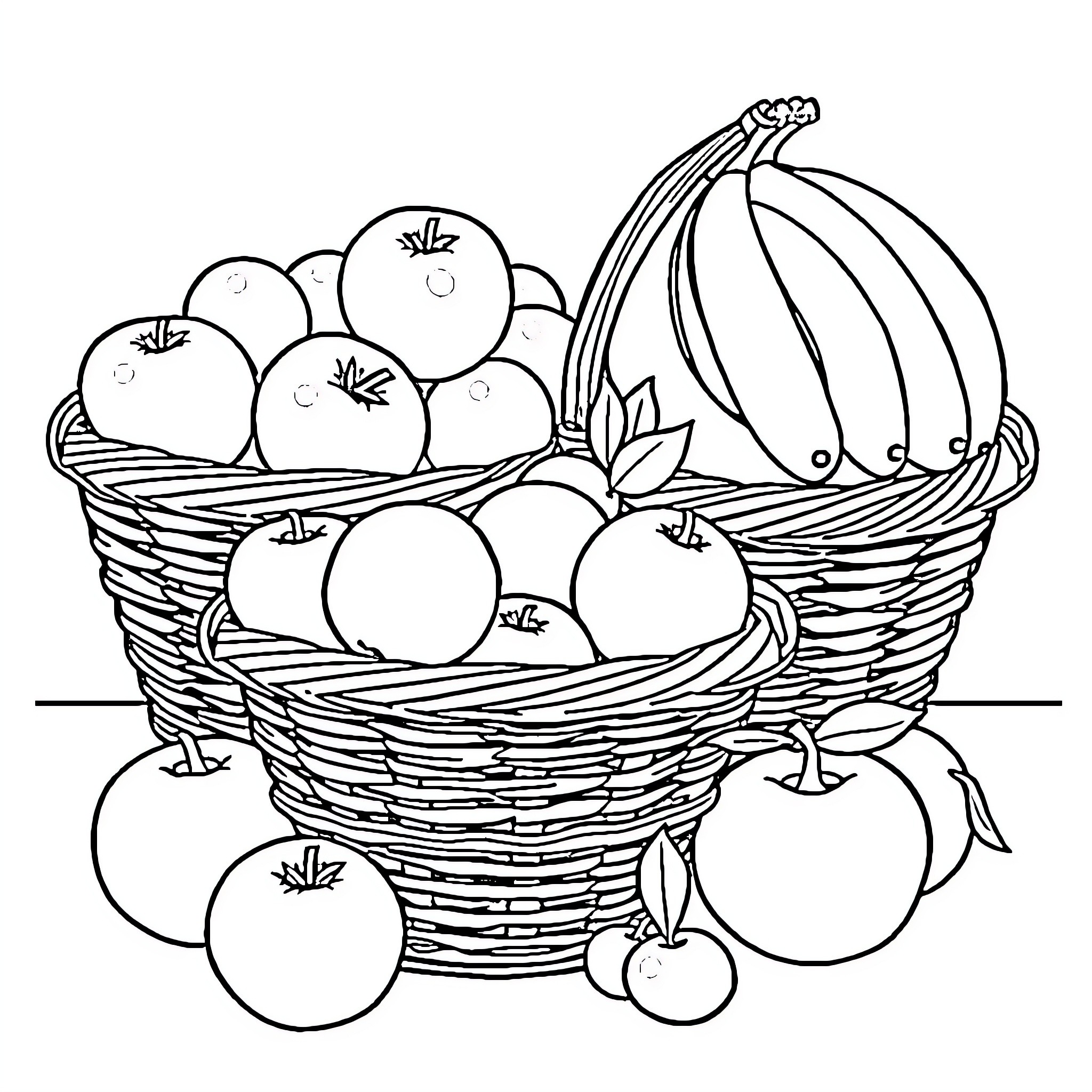 Fruit Baskets with Assortment of Fresh Produce Coloring Page (free black-and-white line drawing printable PDF for all, from beginners to advanced learners, including children, teens, adults, and seniors)