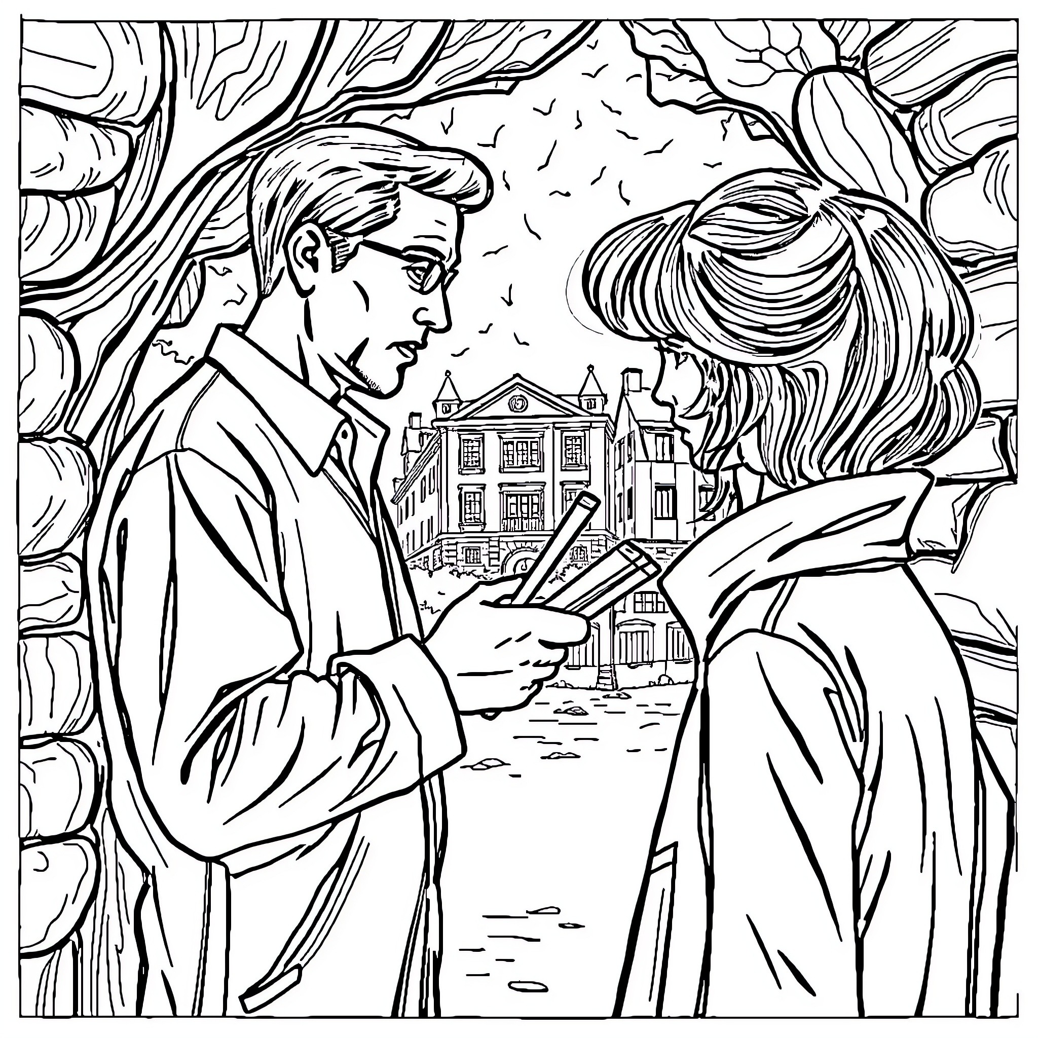 Background Check of a Couple's Encounter Coloring Page (free black-and-white line drawing printable PDF for all, from beginners to advanced learners, including children, teens, adults, and seniors)