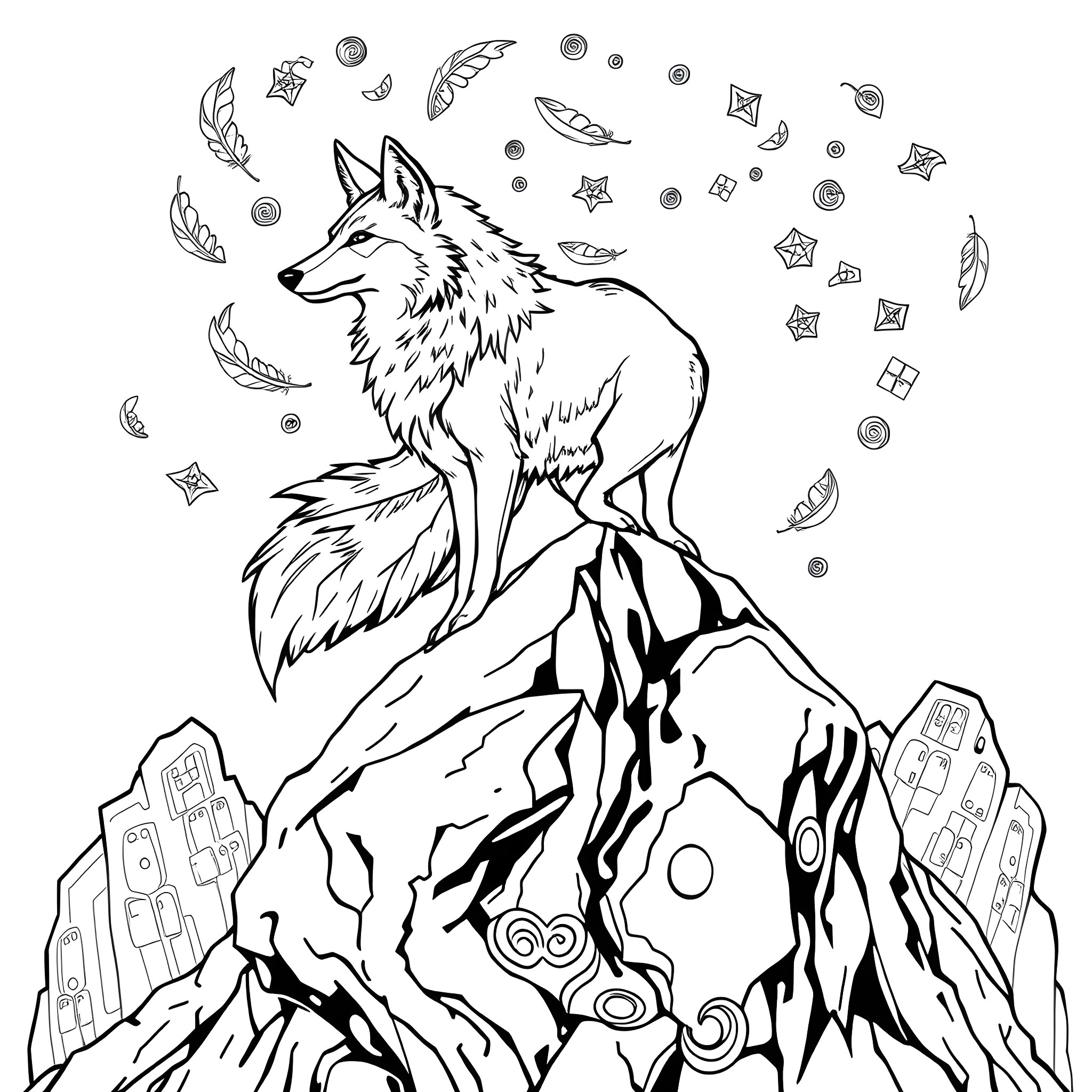 Coyote gazing over a mystical landscape Coloring Page (free black-and-white line drawing printable PDF for all, from beginners to advanced learners, including children, teens, adults, and seniors)
