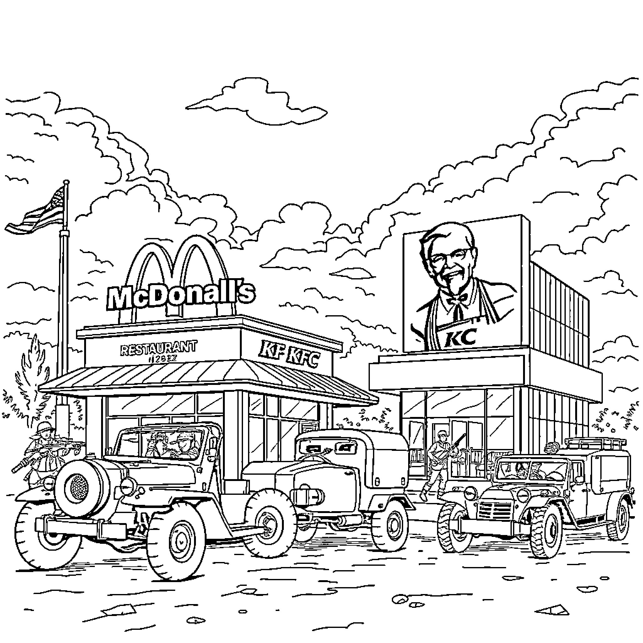Fast Food Scene with Vintage Vehicles and Signage Coloring Page (free black-and-white line drawing printable PDF for all, from beginners to advanced learners, including children, teens, adults, and seniors)