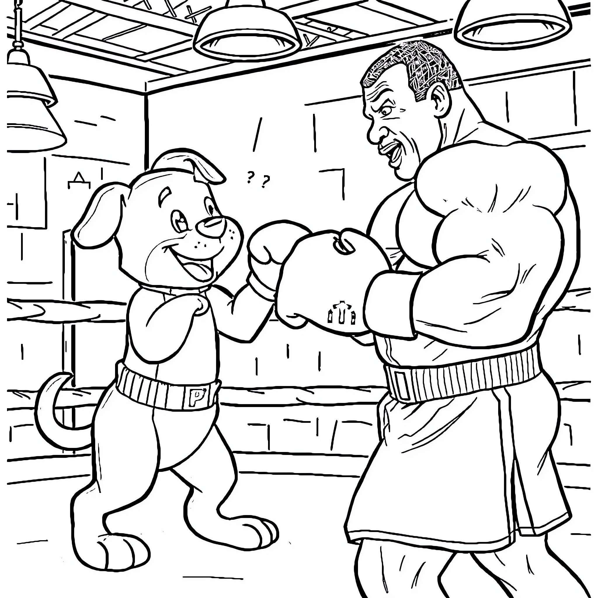 Bluey and the Bodybuilder Sparring in the Gym Coloring Page (free black-and-white line drawing printable PDF for all, from beginners to advanced learners, including children, teens, adults, and seniors)