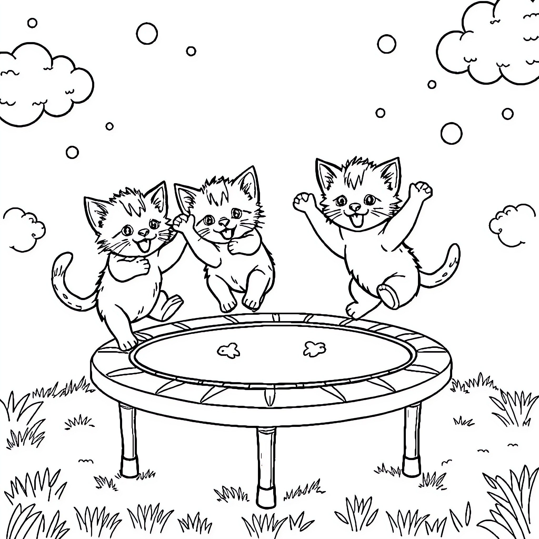 Kittens playing joyfully on a trampoline Coloring Page (free black-and-white line drawing printable PDF for all, from beginners to advanced learners, including children, teens, adults, and seniors)