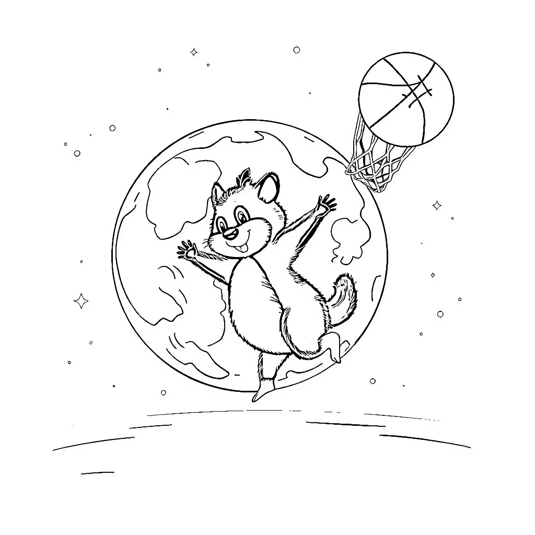 Kangaroo Bouncing on the Moon with Basketball Hoop Coloring Page (free black-and-white line drawing printable PDF for all, from beginners to advanced learners, including children, teens, adults, and seniors)