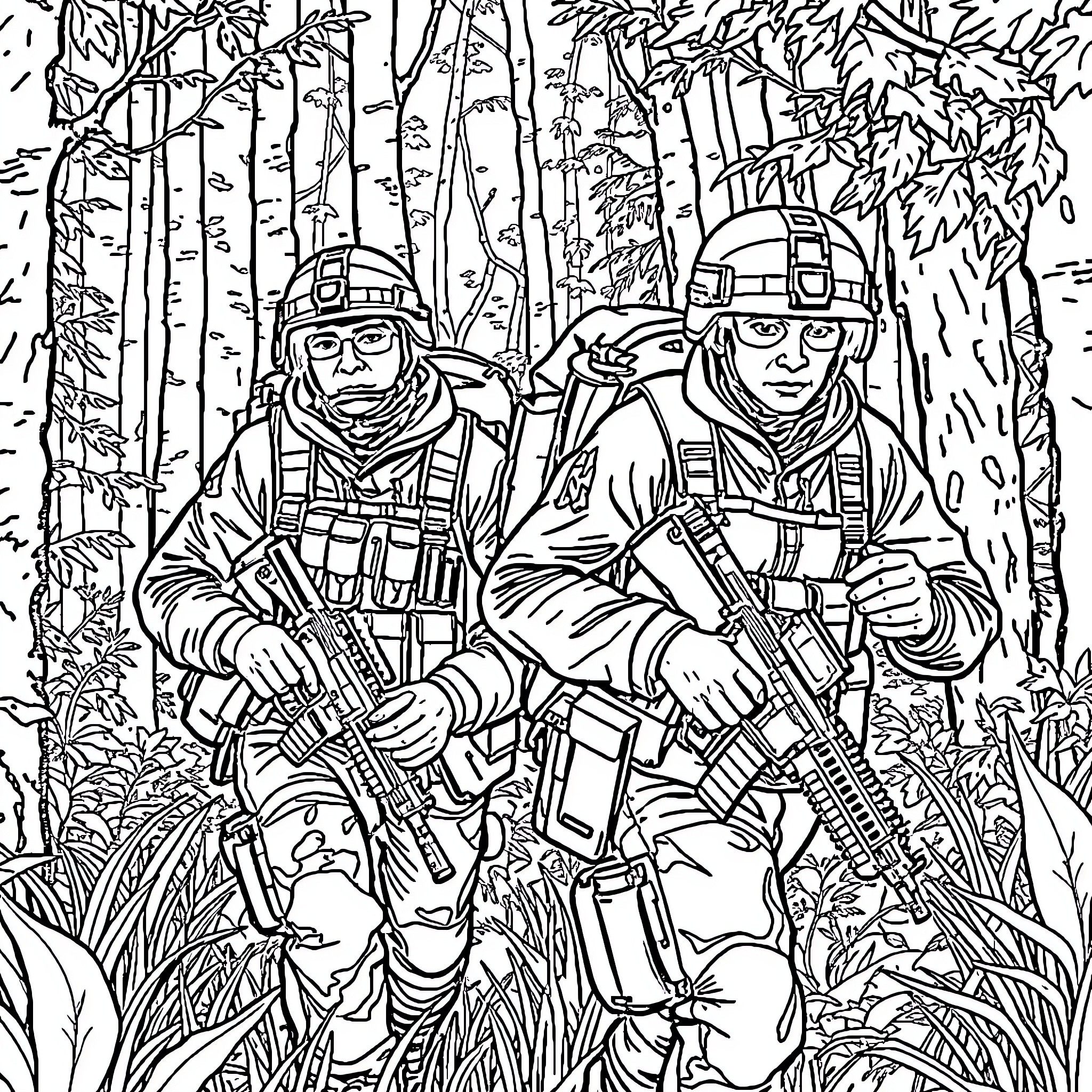 Soldiers on patrol in dense forest environment Coloring Page (free black-and-white line drawing printable PDF for all, from beginners to advanced learners, including children, teens, adults, and seniors)