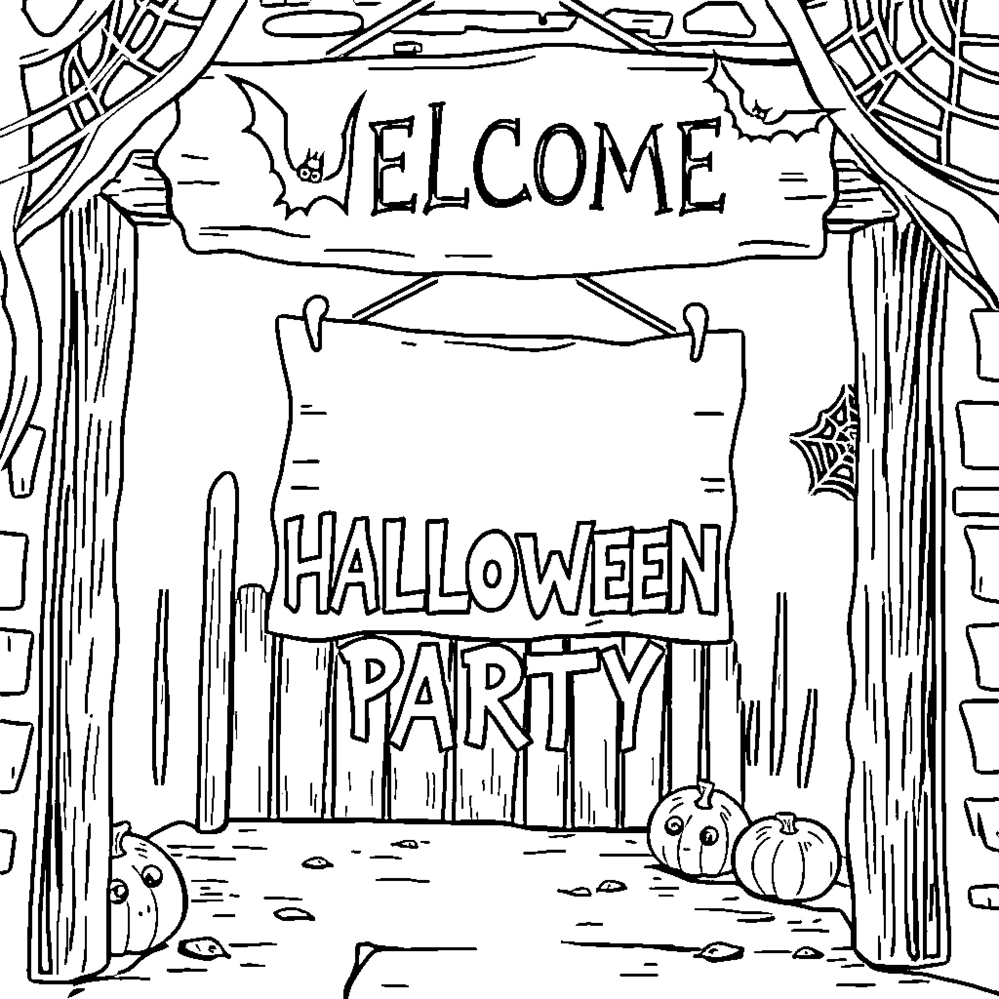Welcome to the Halloween Party Coloring Page (free black-and-white line drawing printable PDF for all, from beginners to advanced learners, including children, teens, adults, and seniors)