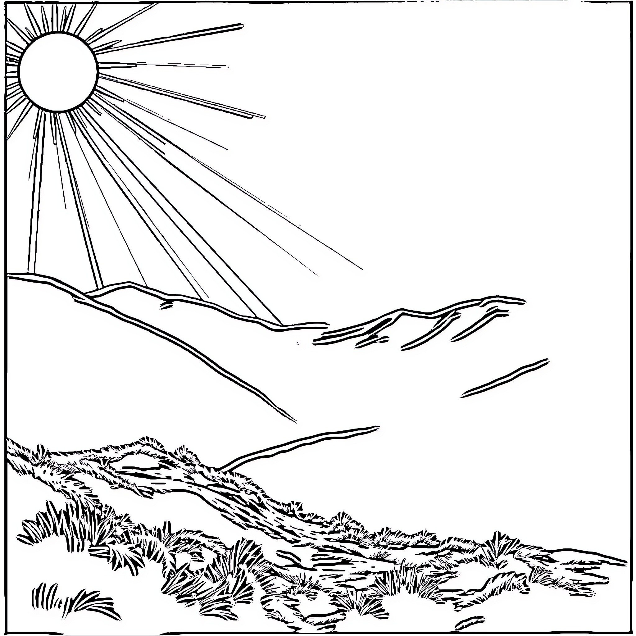 Light and Darkness in the Mountainous Landscape Coloring Page (free black-and-white line drawing printable PDF for all, from beginners to advanced learners, including children, teens, adults, and seniors)