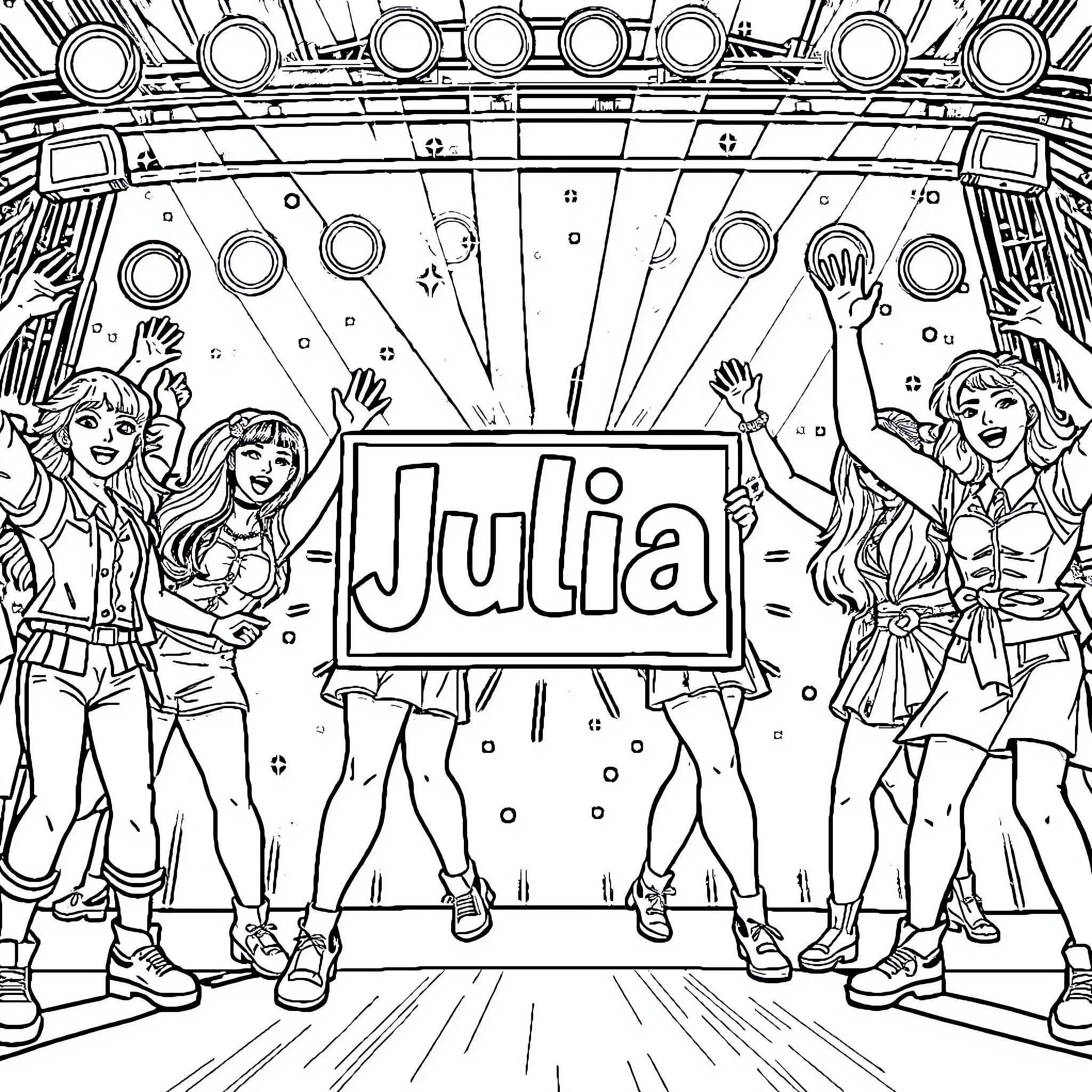 K Pop Group in Vibrant Outfits on Stage Coloring Page (free black-and-white line drawing printable PDF for all, from beginners to advanced learners, including children, teens, adults, and seniors)