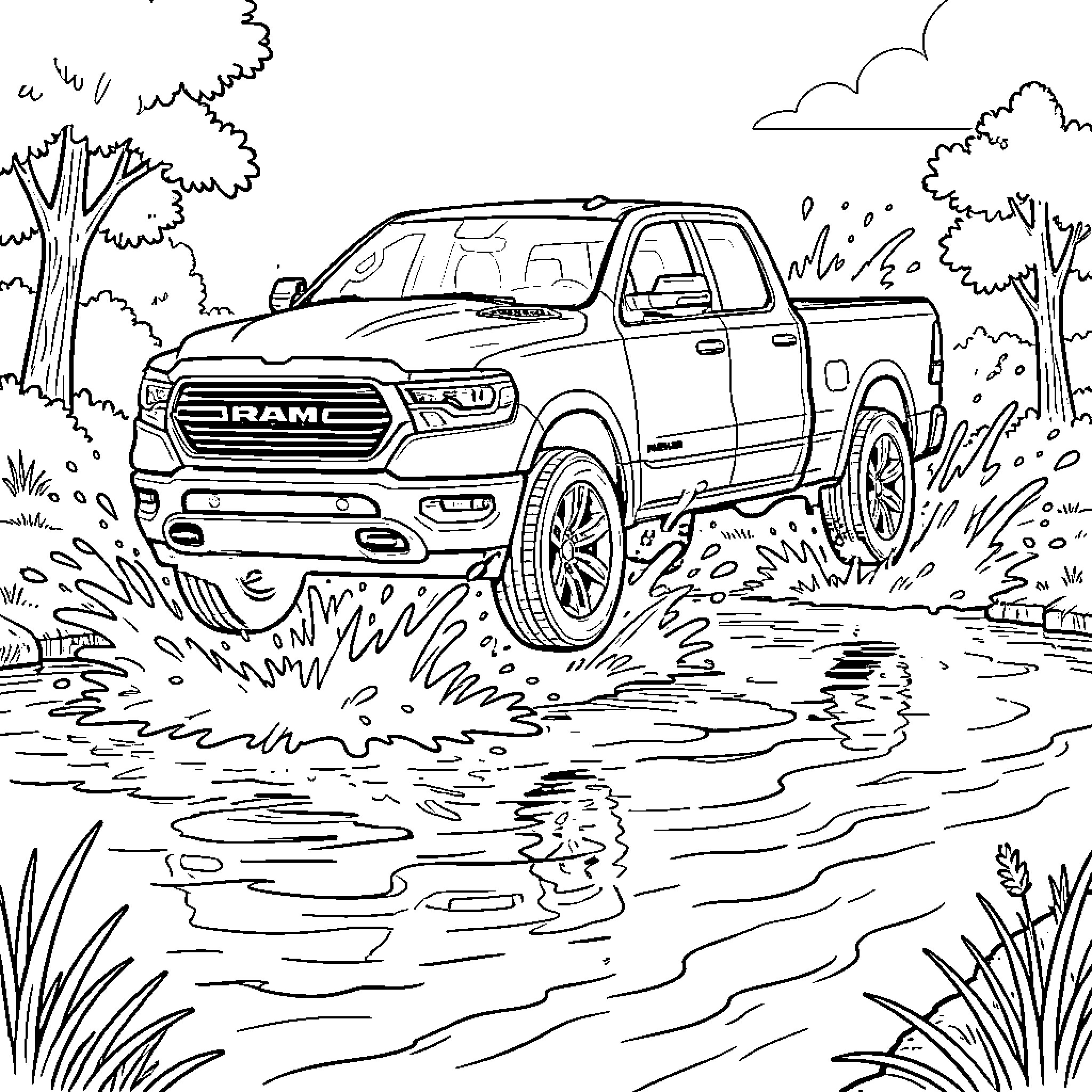 RAM 1500 driving through water splashes in nature Coloring Page (free black-and-white line drawing printable PDF for all, from beginners to advanced learners, including children, teens, adults, and seniors)