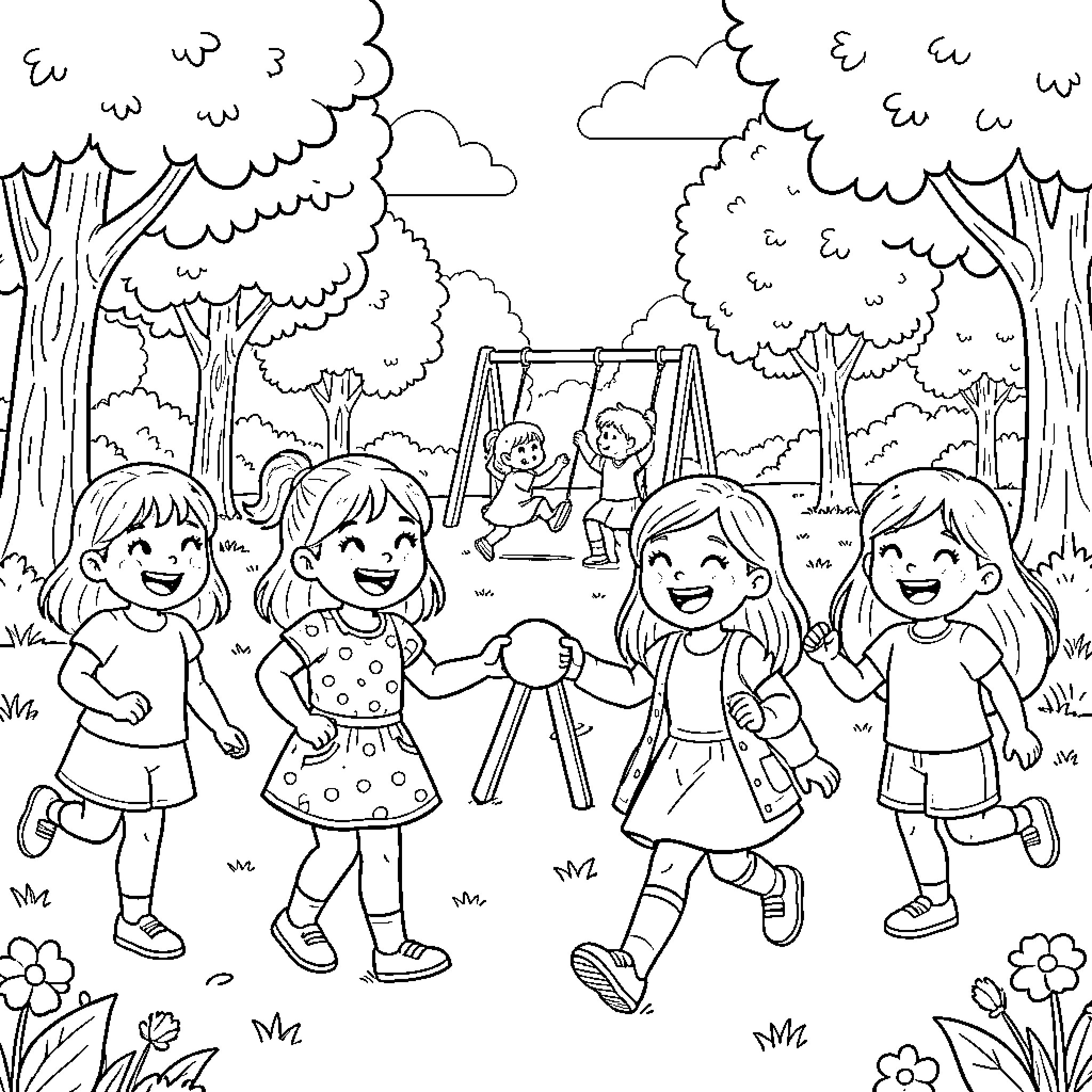 Girls playing joyfully at the park playground Coloring Page (free black-and-white line drawing printable PDF for all, from beginners to advanced learners, including children, teens, adults, and seniors)
