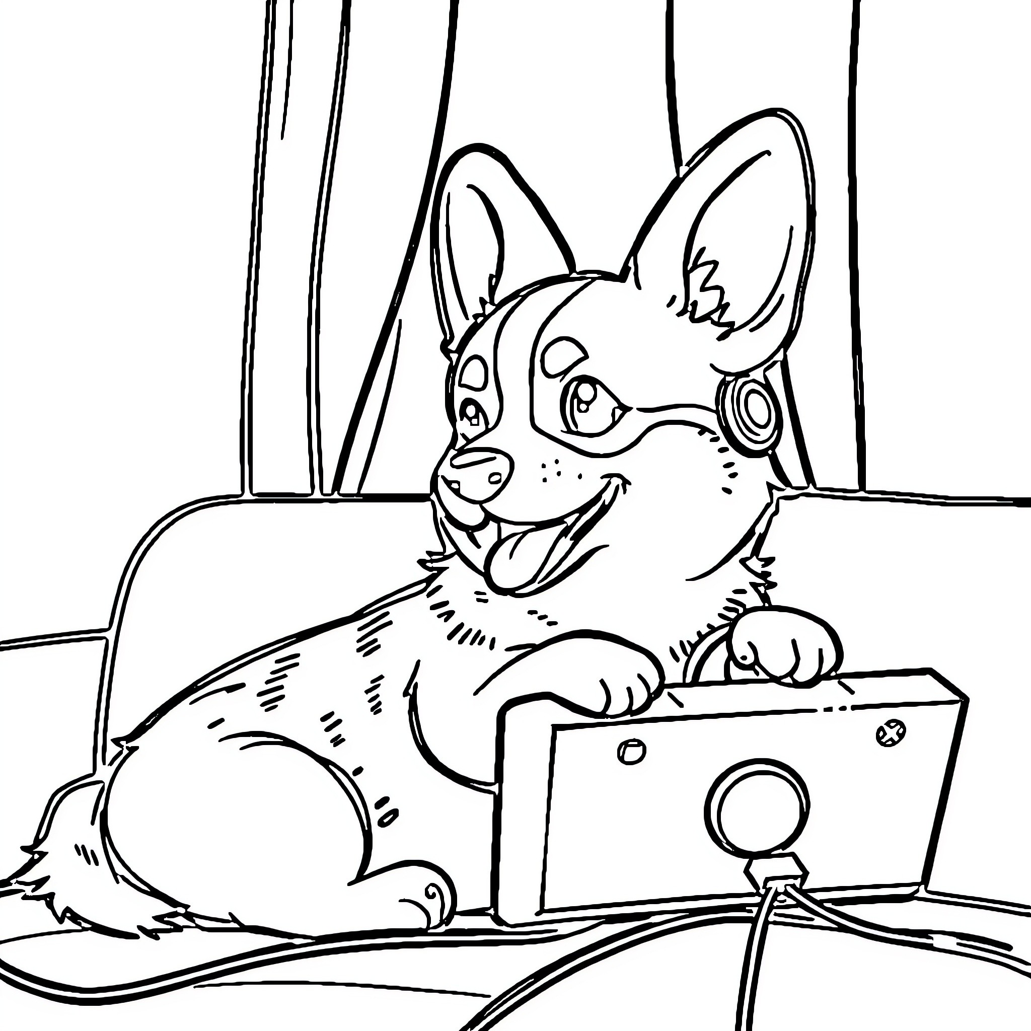 Corgi playing with laptop computer Coloring Page (free black-and-white line drawing printable PDF for all, from beginners to advanced learners, including children, teens, adults, and seniors)