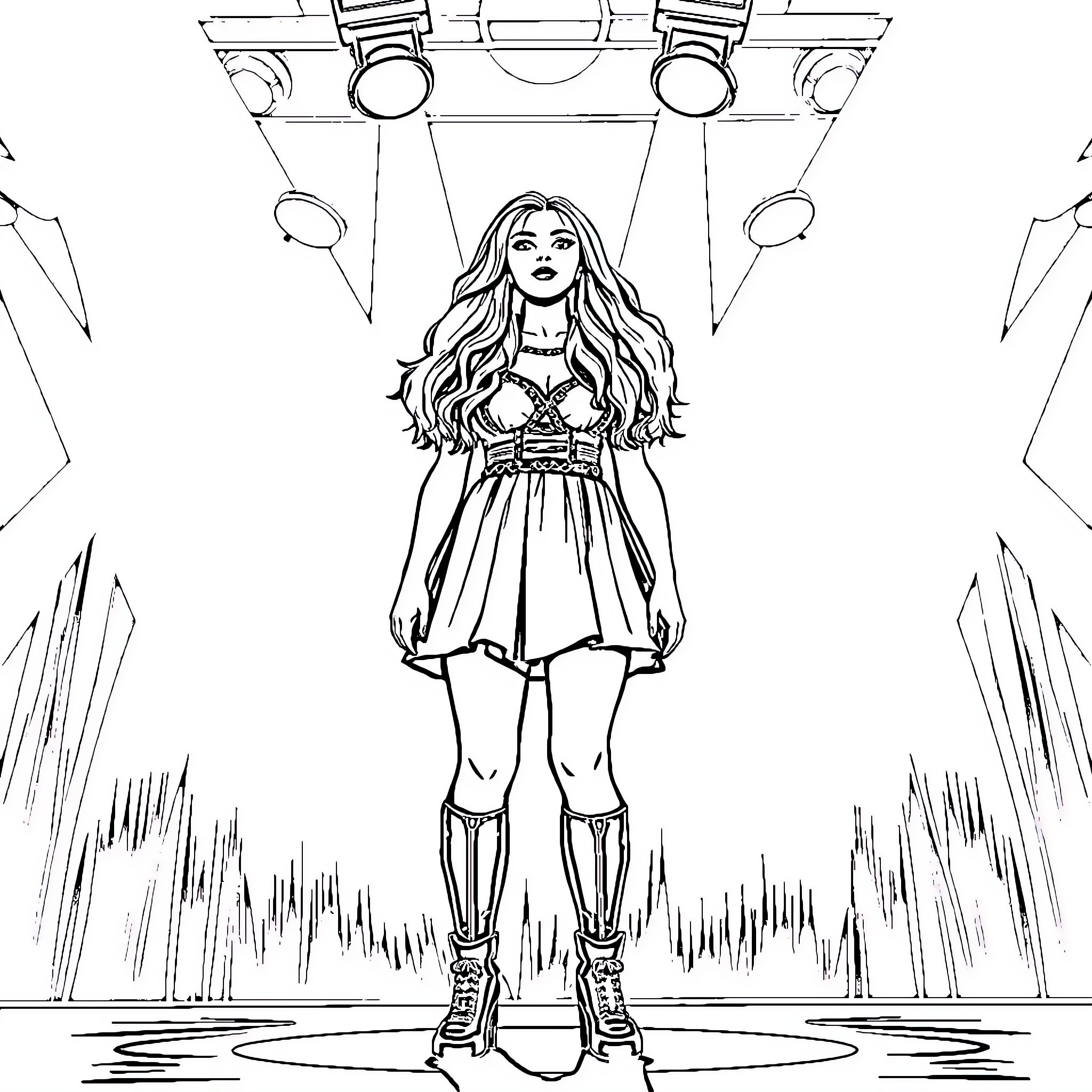 Sabrina Carpenter performing on stage Coloring Page (free black-and-white line drawing printable PDF for all, from beginners to advanced learners, including children, teens, adults, and seniors)