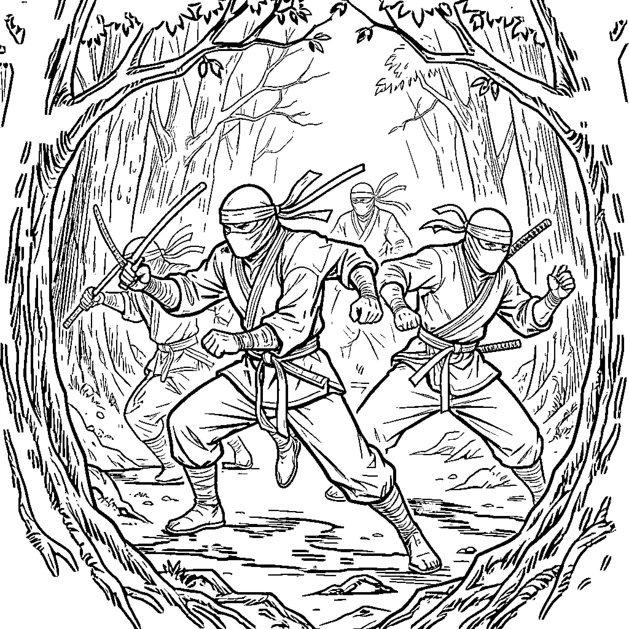 Ninja warriors posing in a forest setting Coloring Page (free black-and-white line drawing printable PDF for all, from beginners to advanced learners, including children, teens, adults, and seniors)
