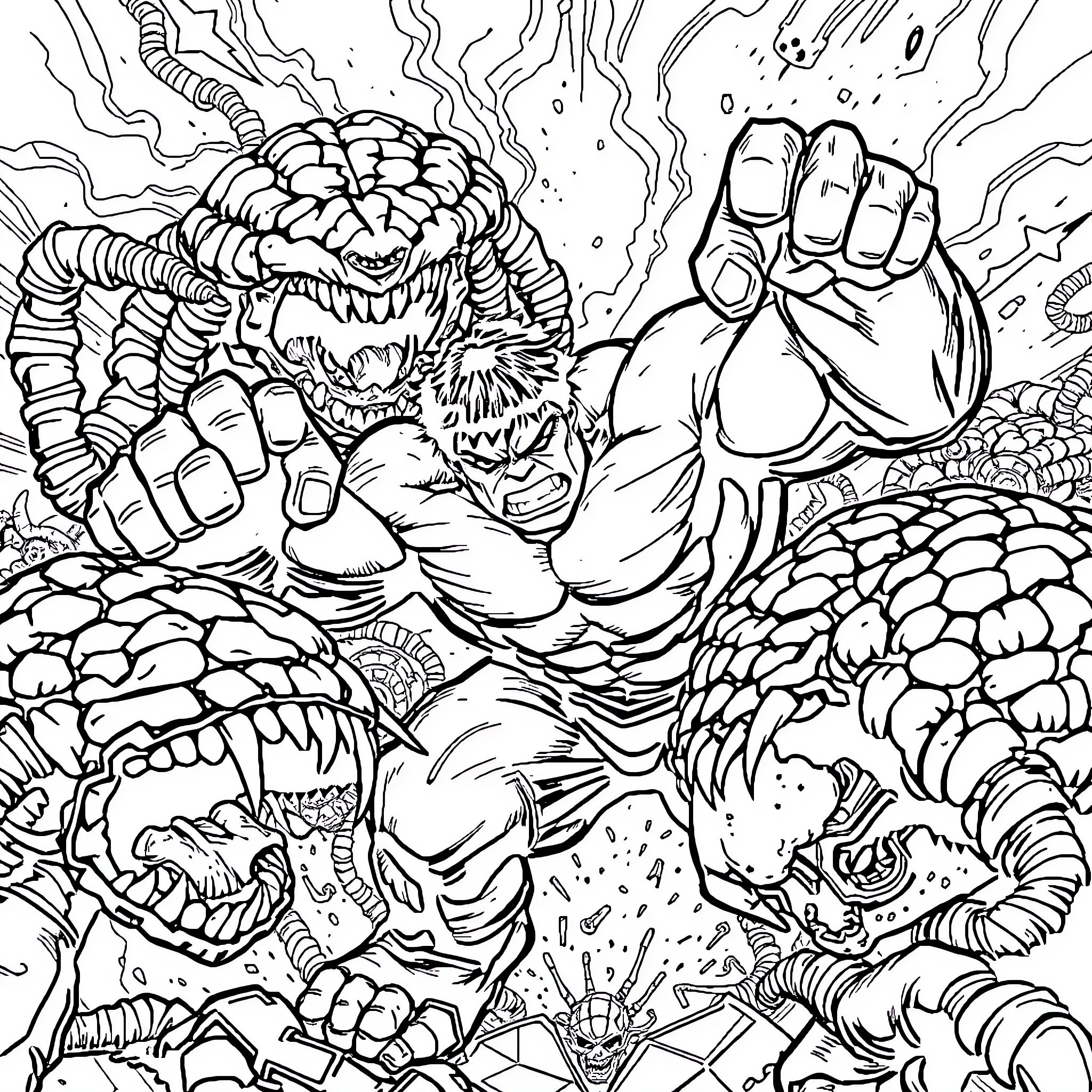 Hulk battling fierce monsters in chaotic scene Coloring Page (free black-and-white line drawing printable PDF for all, from beginners to advanced learners, including children, teens, adults, and seniors)