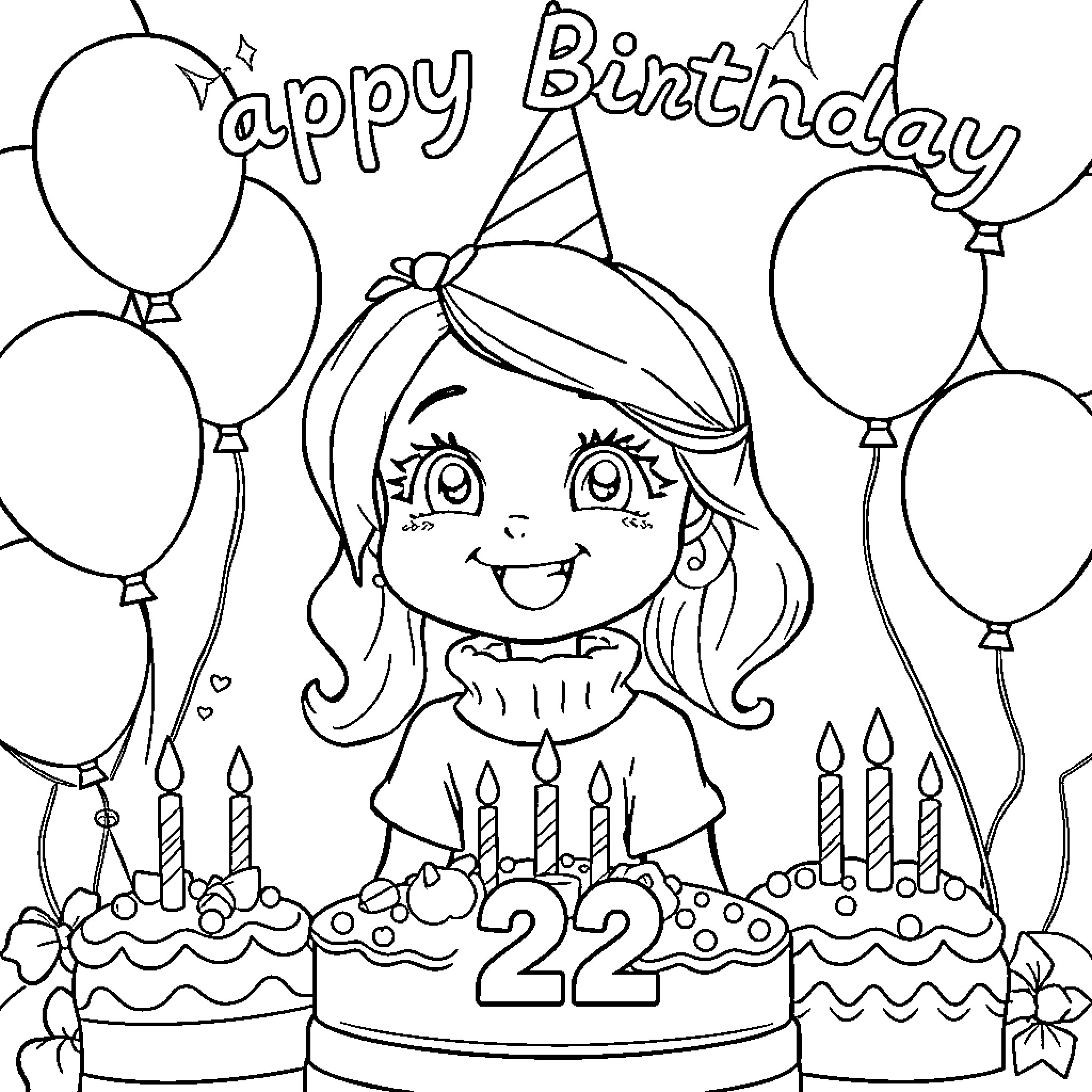 Kaylee celebrates her 22nd birthday with balloons and cake Coloring Page (free black-and-white line drawing printable PDF for all, from beginners to advanced learners, including children, teens, adults, and seniors)