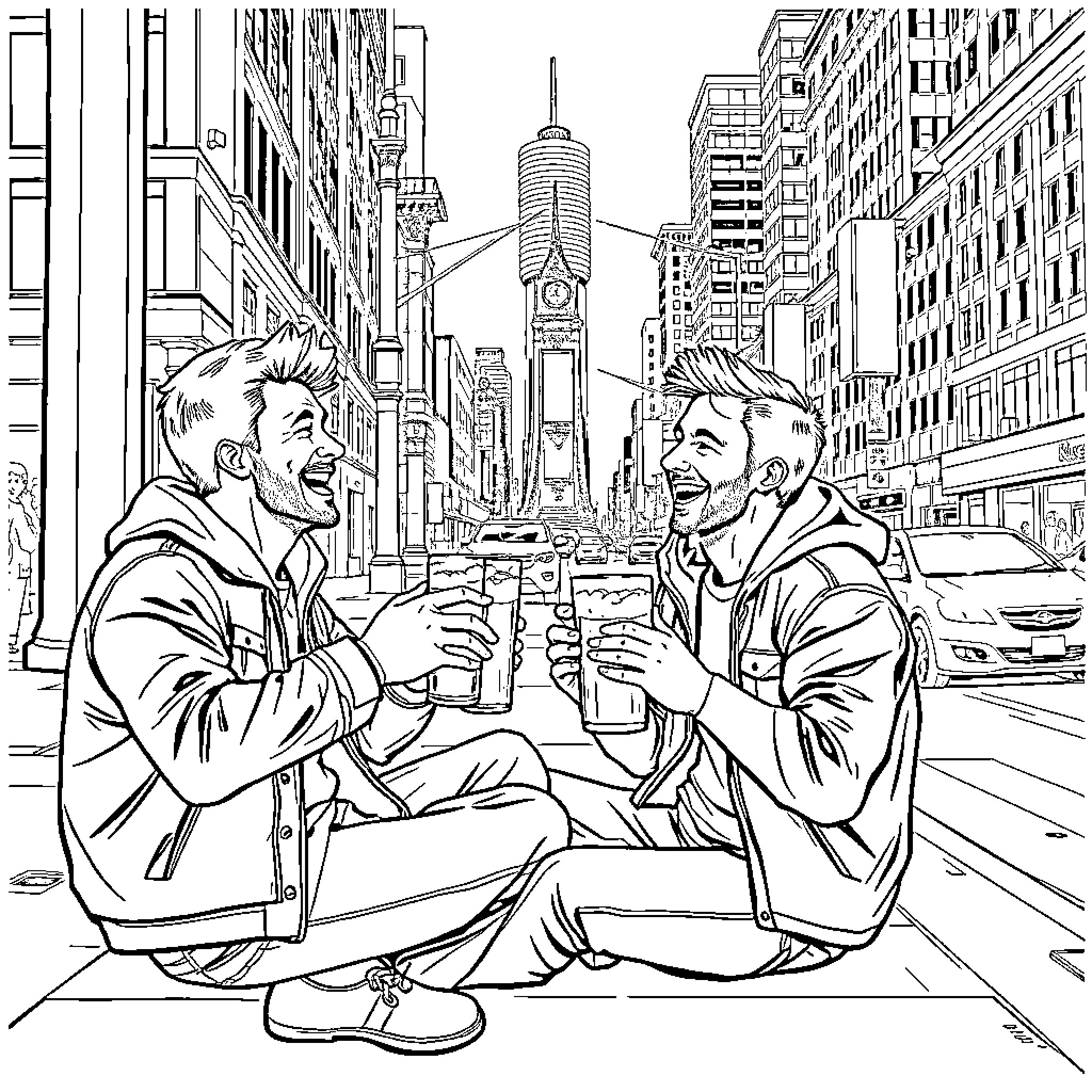 Friend's Adventure in the City Coloring Page (free black-and-white line drawing printable PDF for all, from beginners to advanced learners, including children, teens, adults, and seniors)
