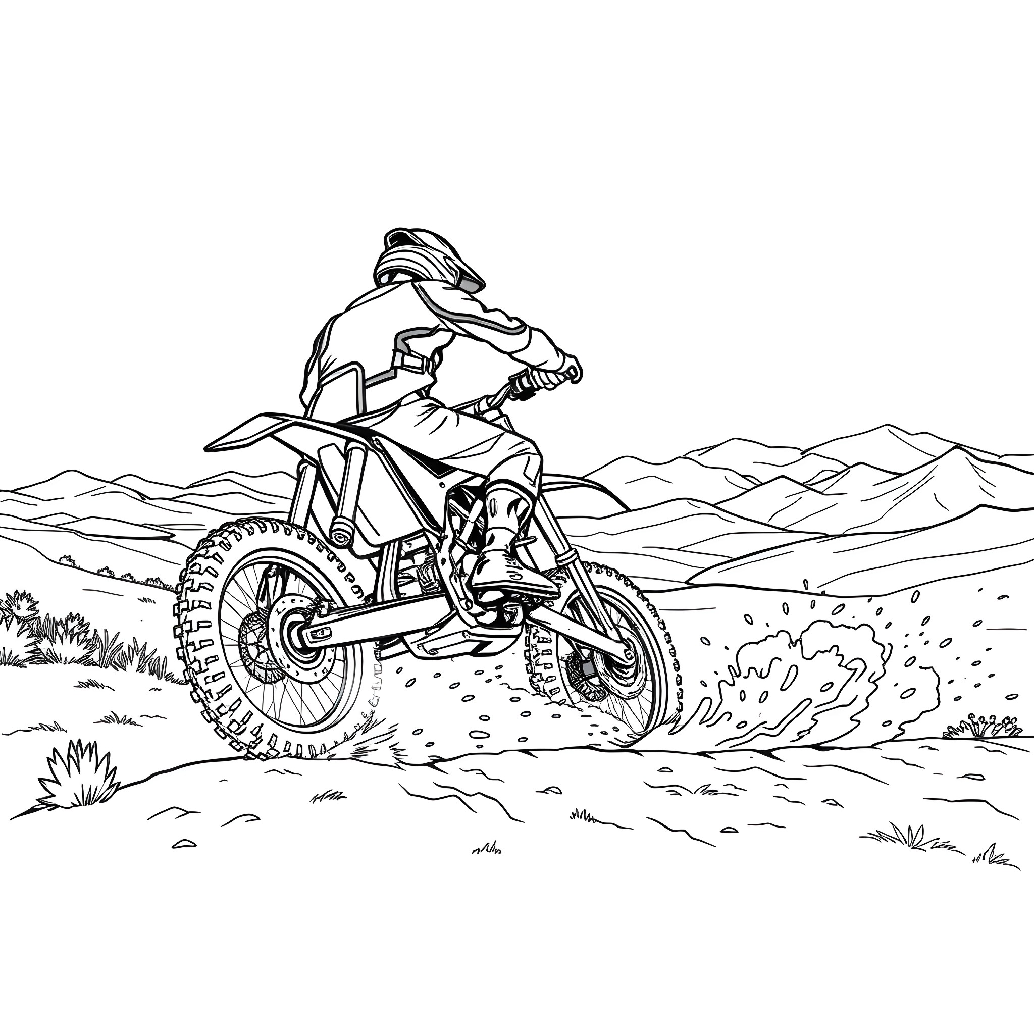 Motocross Bike Racing through Rugged Terrain Coloring Page (free black-and-white line drawing printable PDF for all, from beginners to advanced learners, including children, teens, adults, and seniors)