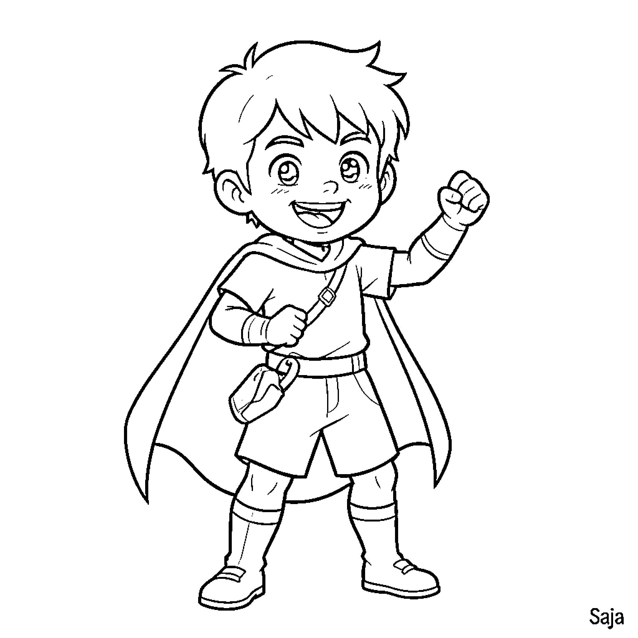 Boy wearing a superhero cape and smiling happily Coloring Page (free black-and-white line drawing printable PDF for all, from beginners to advanced learners, including children, teens, adults, and seniors)