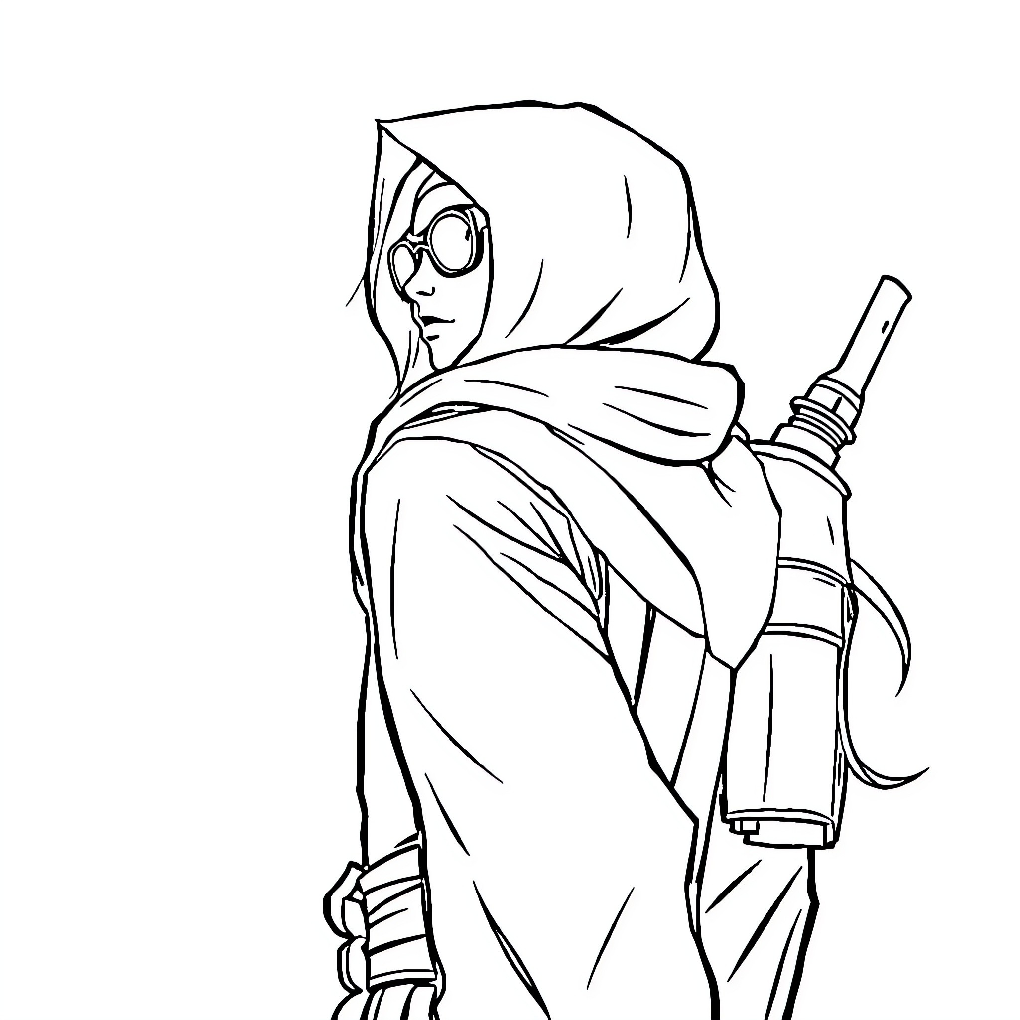 Character in Hooded Outfit Holding a Weapon Coloring Page (free black-and-white line drawing printable PDF for all, from beginners to advanced learners, including children, teens, adults, and seniors)