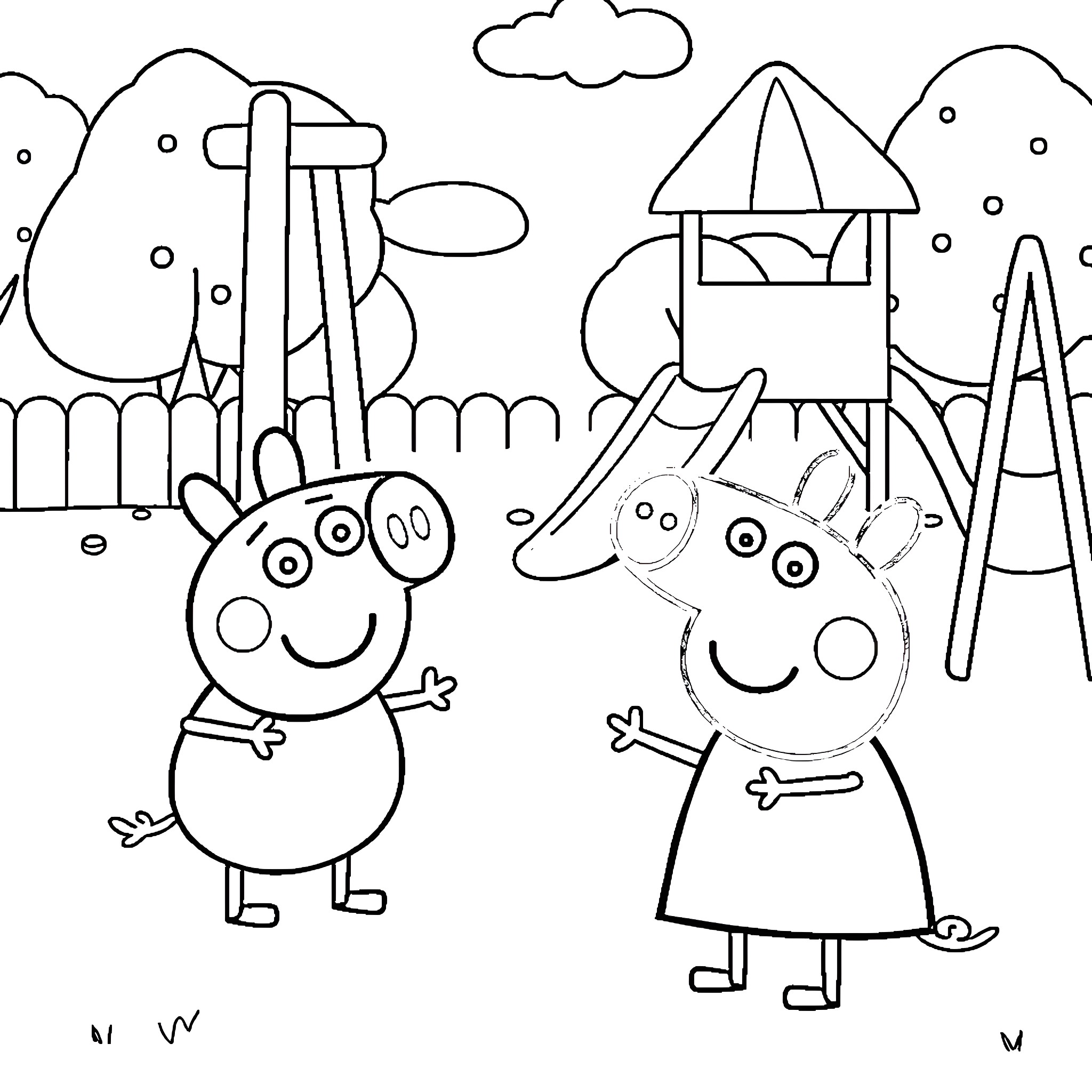 Bluey and friends explore the playground Coloring Page (free black-and-white line drawing printable PDF for all, from beginners to advanced learners, including children, teens, adults, and seniors)