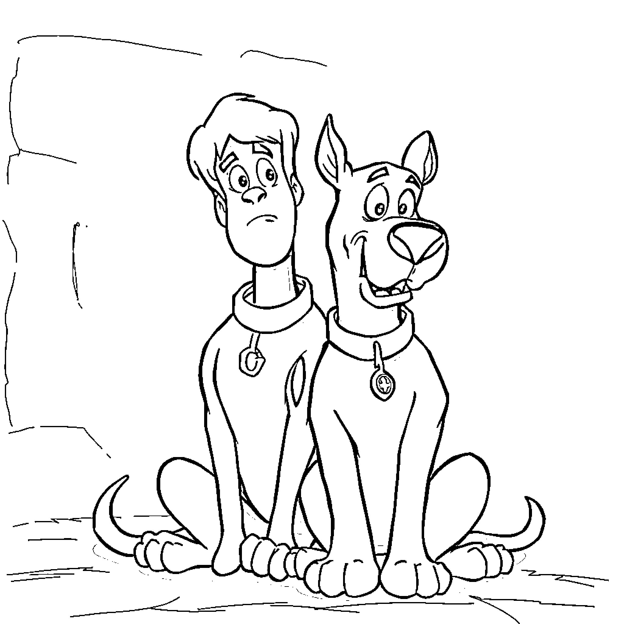 Scooby Doo and his owner in contemplation Coloring Page (free black-and-white line drawing printable PDF for all, from beginners to advanced learners, including children, teens, adults, and seniors)