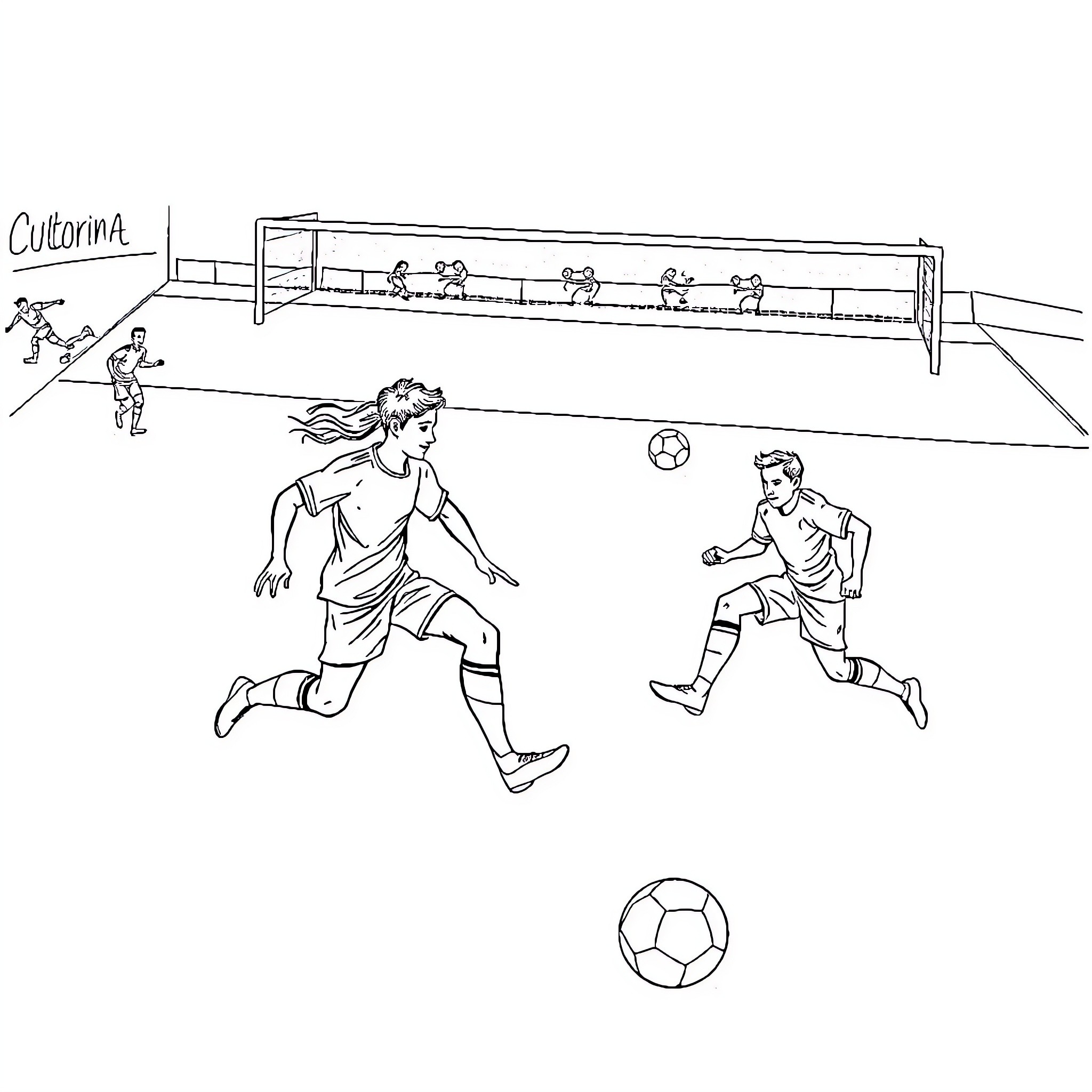 Football players in action on the field Coloring Page (free black-and-white line drawing printable PDF for all, from beginners to advanced learners, including children, teens, adults, and seniors)