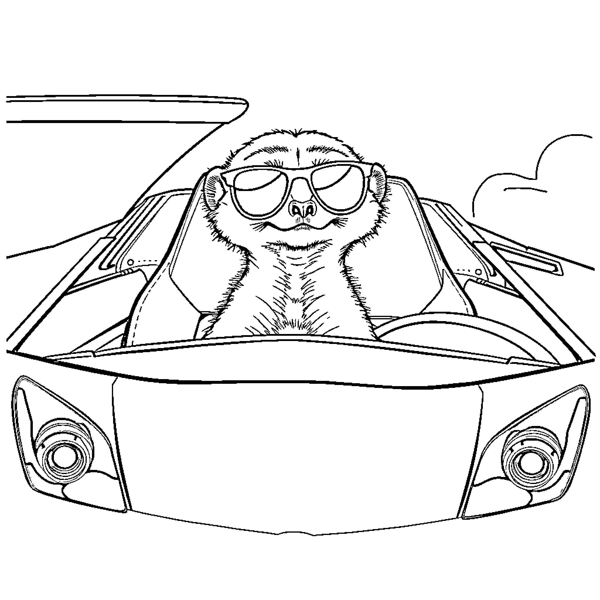 Meerkat driving a futuristic sports car Coloring Page (free black-and-white line drawing printable PDF for all, from beginners to advanced learners, including children, teens, adults, and seniors)