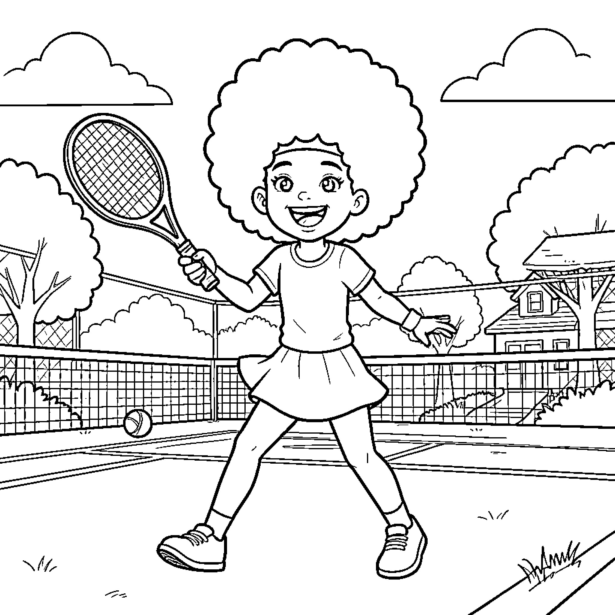 Girl playing tennis on the court Coloring Page (free black-and-white line drawing printable PDF for all, from beginners to advanced learners, including children, teens, adults, and seniors)