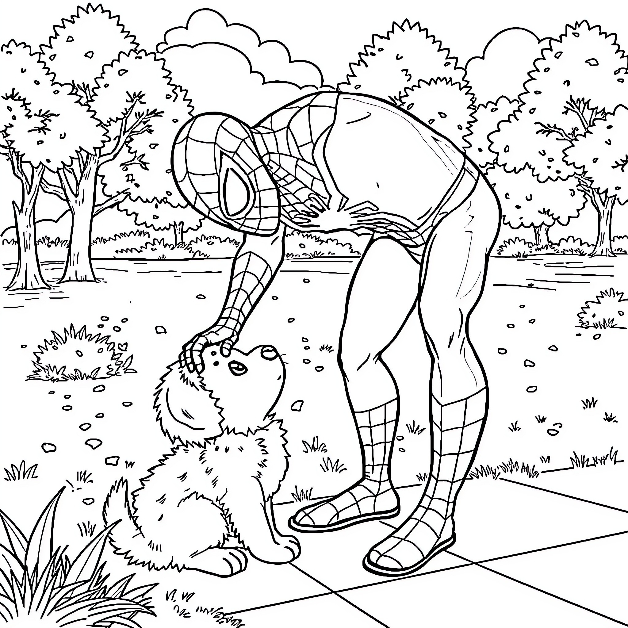 Spiderman interacting with a furry companion in the forest Coloring Page (free black-and-white line drawing printable PDF for all, from beginners to advanced learners, including children, teens, adults, and seniors)