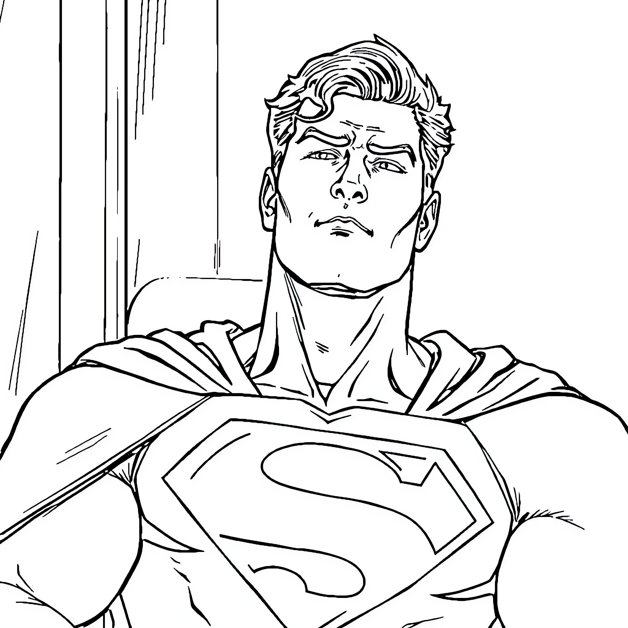 Superman in a pensive pose Coloring Page (free black-and-white line drawing printable PDF for all, from beginners to advanced learners, including children, teens, adults, and seniors)