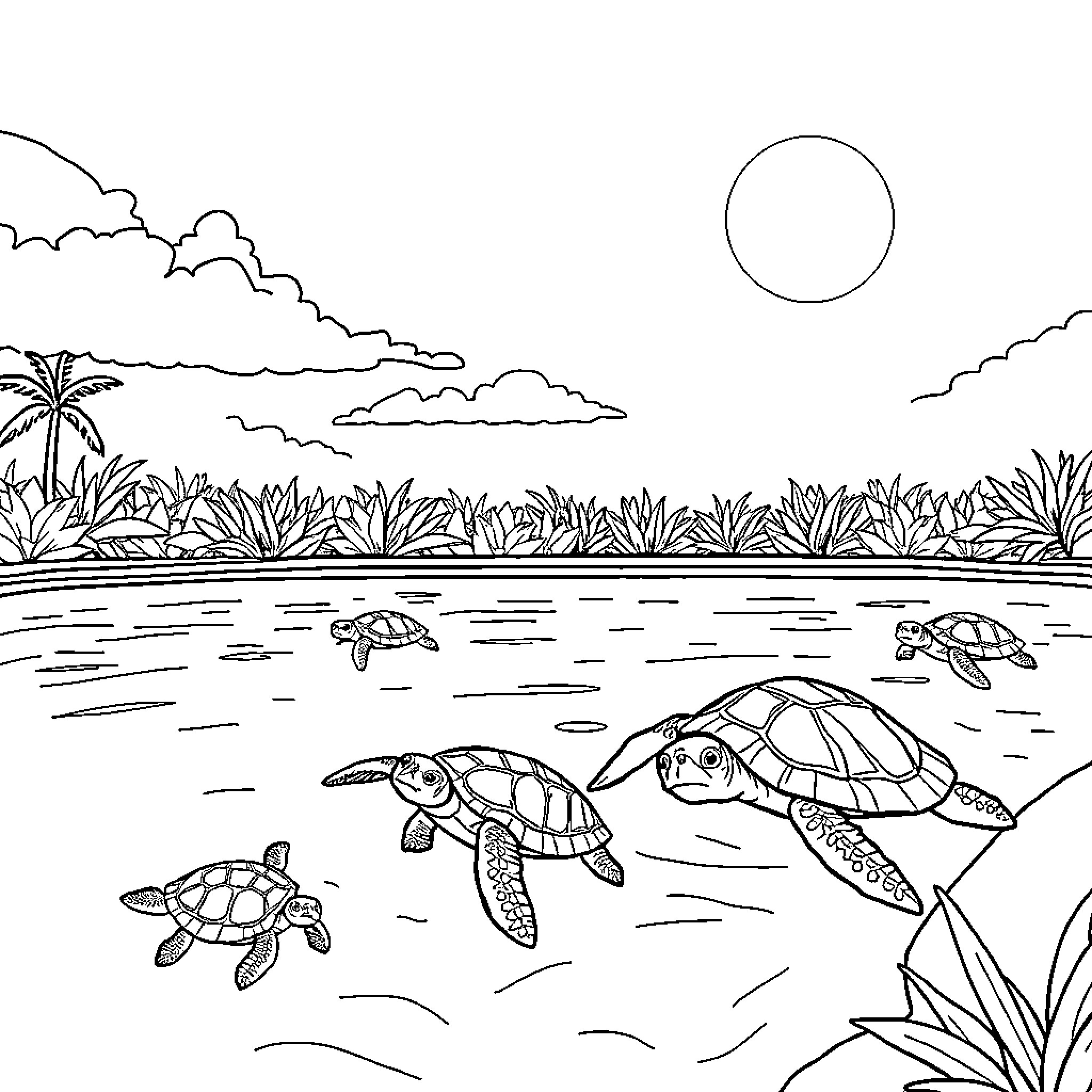 Turtle swimming in tropical seascape Coloring Page (free black-and-white line drawing printable PDF for all, from beginners to advanced learners, including children, teens, adults, and seniors)