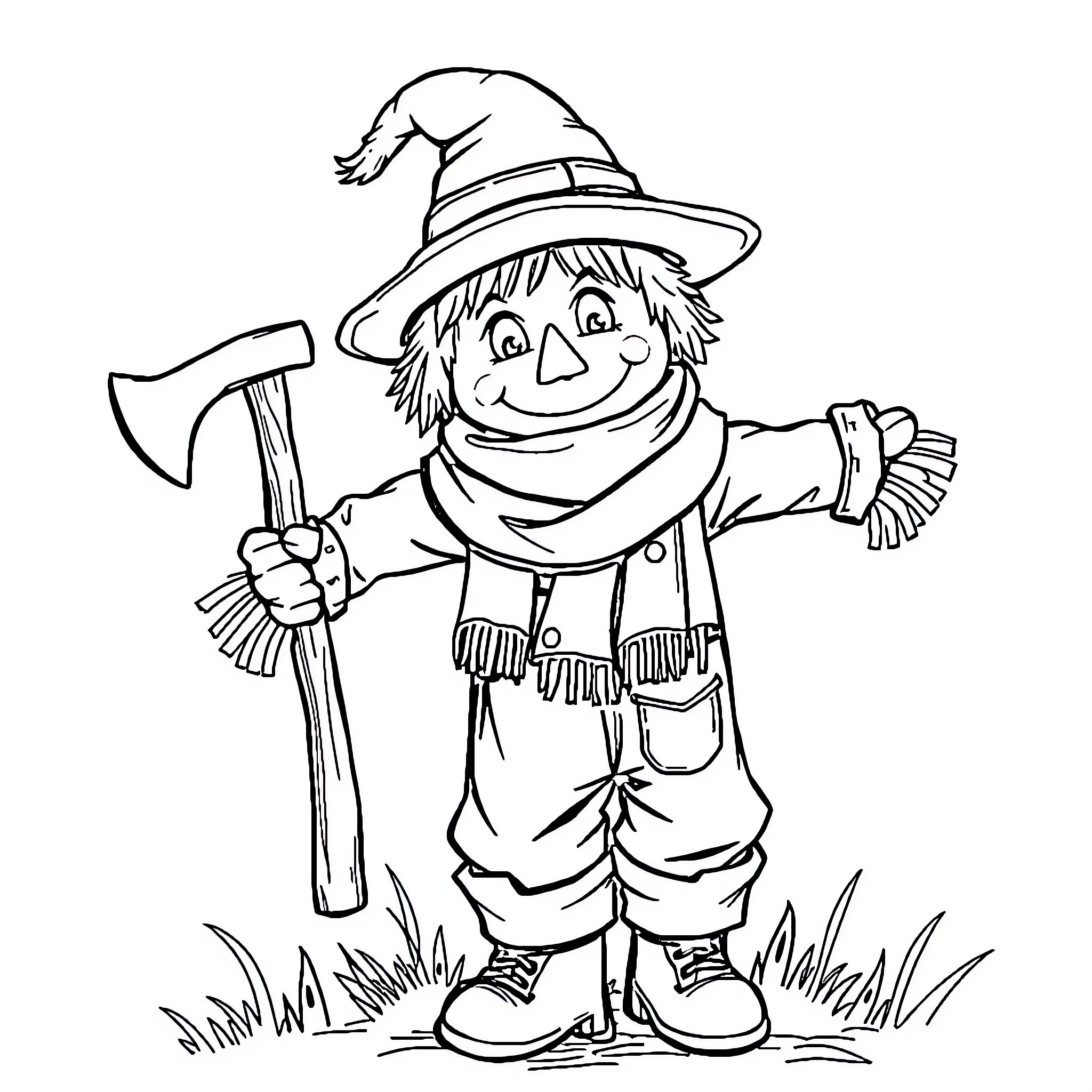 Scarecrow holding an axe in the field Coloring Page (free black-and-white line drawing printable PDF for all, from beginners to advanced learners, including children, teens, adults, and seniors)