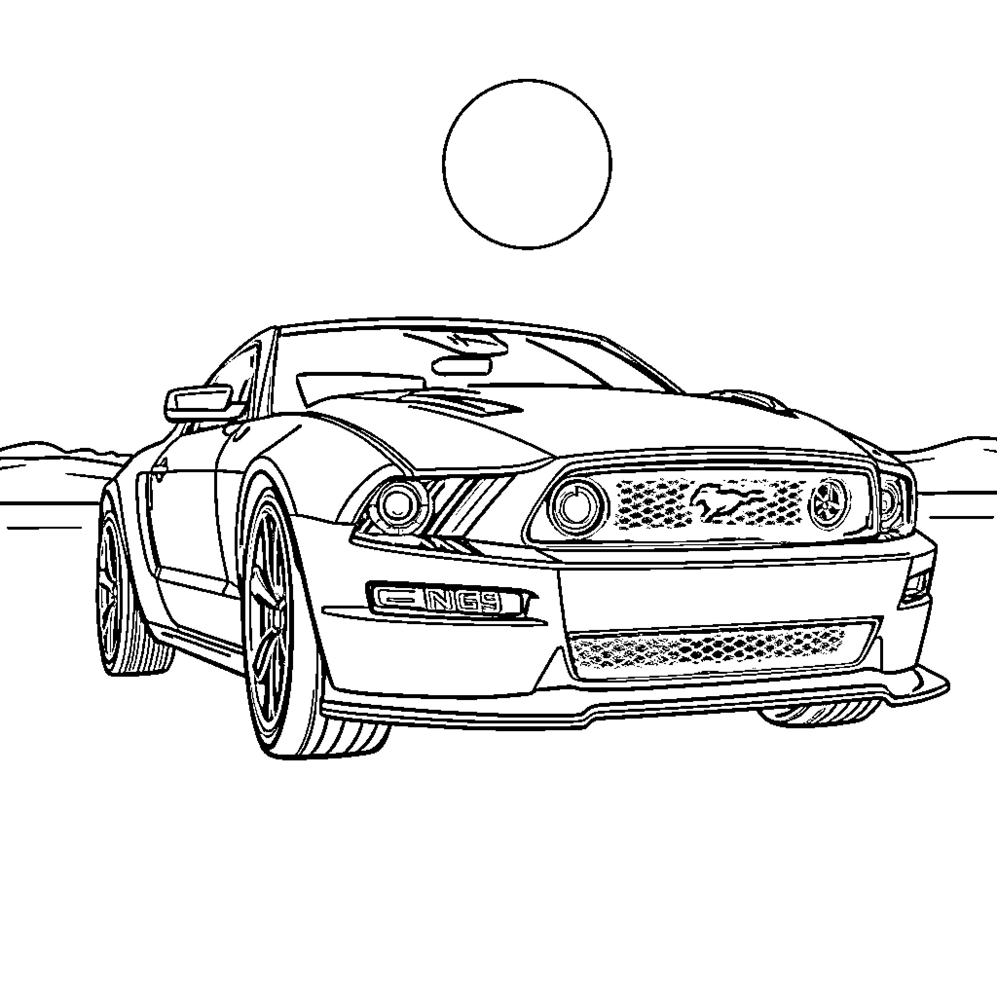 Mustang sports car speeding on desert road Coloring Page (free black-and-white line drawing printable PDF for all, from beginners to advanced learners, including children, teens, adults, and seniors)
