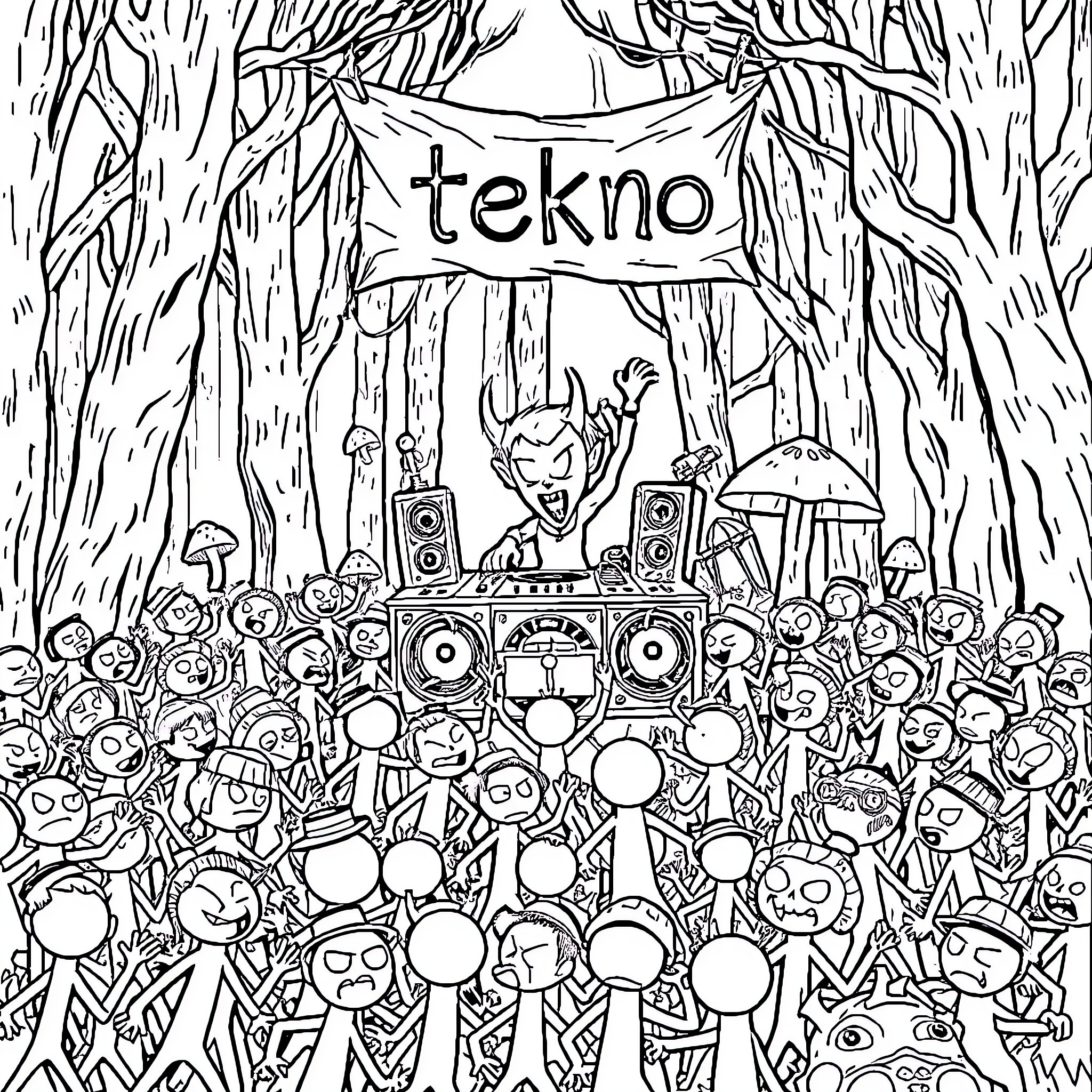 Stick Man Rocking Out at Tekno Music Festival Coloring Page (free black-and-white line drawing printable PDF for all, from beginners to advanced learners, including children, teens, adults, and seniors)