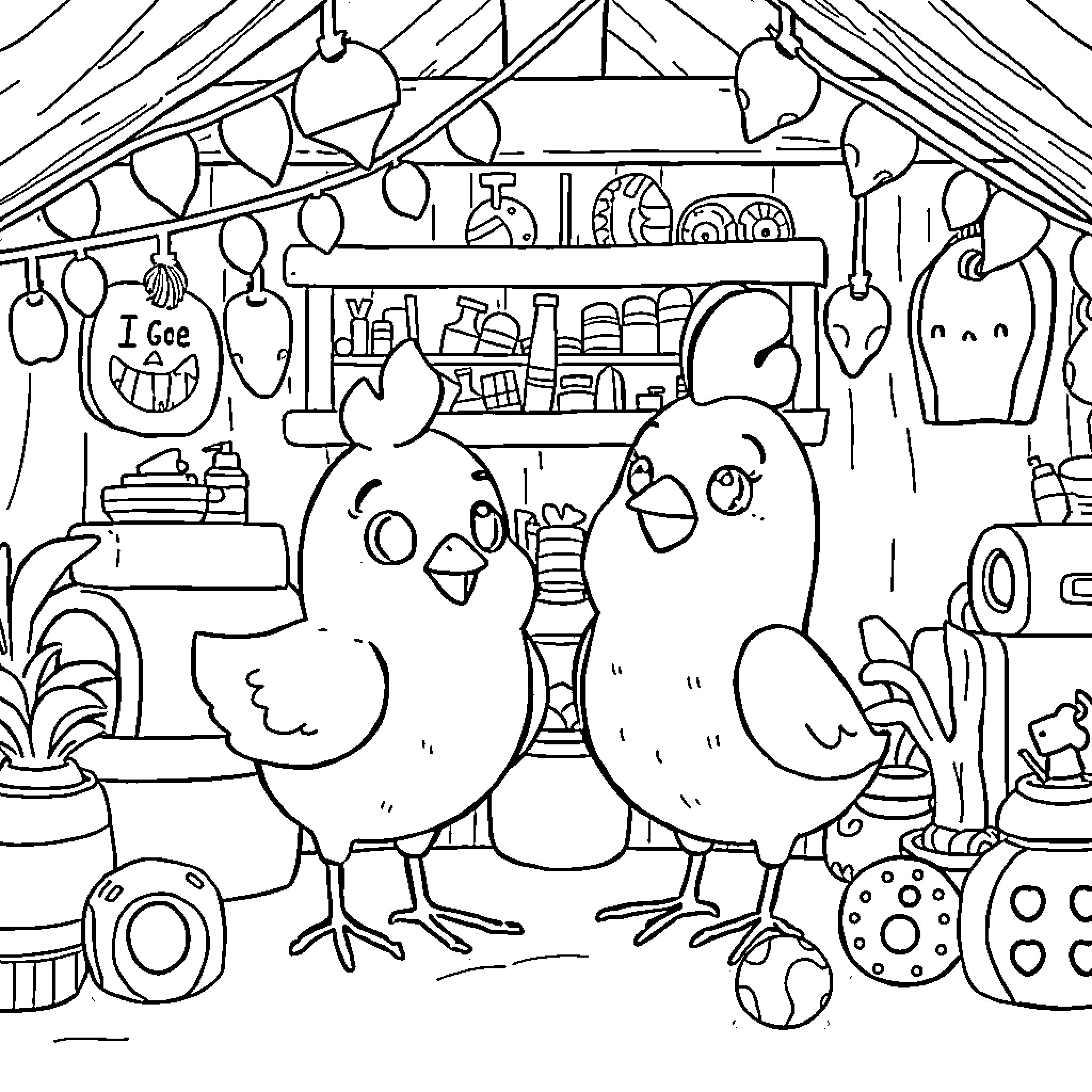 Pollito Chicks Exploring a Festive Toy Workshop Coloring Page (free black-and-white line drawing printable PDF for all, from beginners to advanced learners, including children, teens, adults, and seniors)