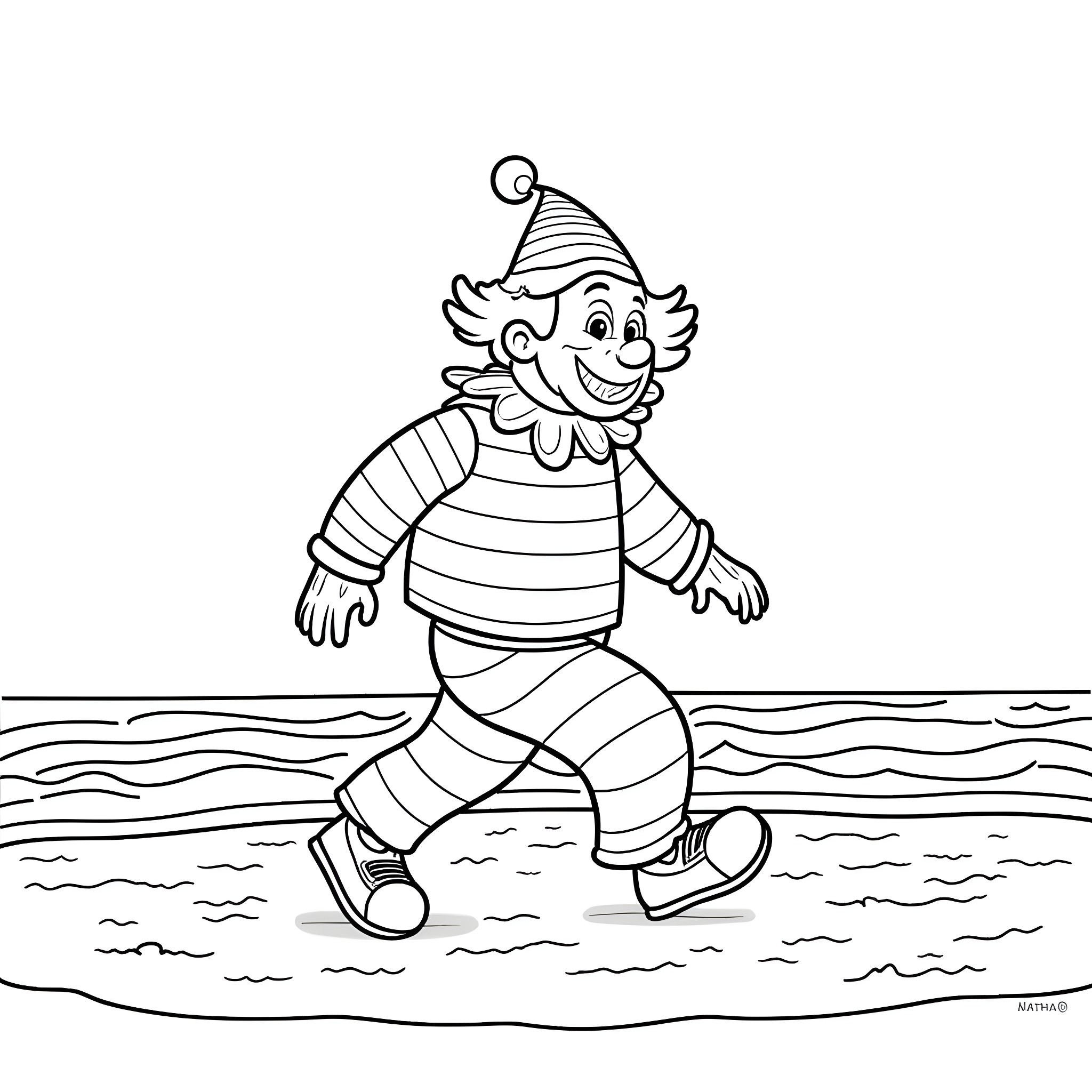 Clown skating on the waves Coloring Page (free black-and-white line drawing printable PDF for all, from beginners to advanced learners, including children, teens, adults, and seniors)