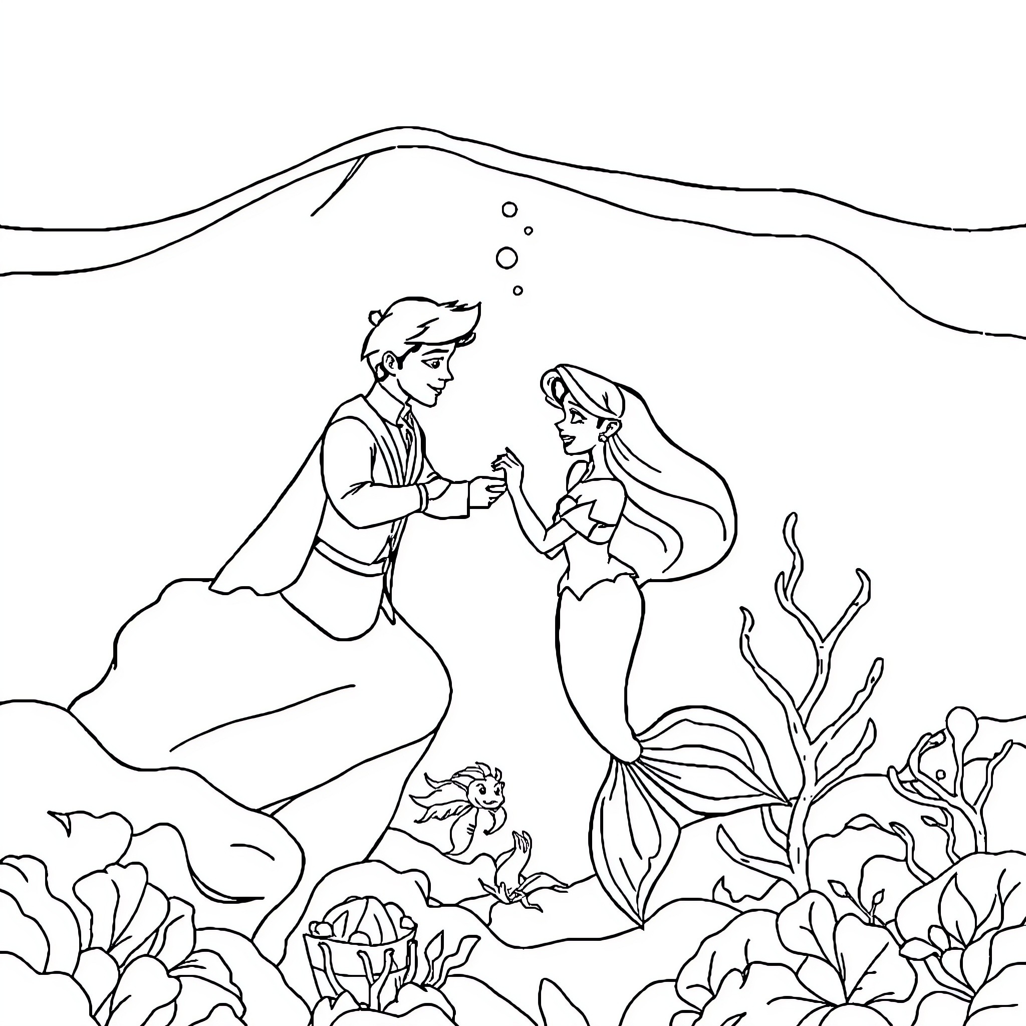 Mermaid and prince exploring underwater world Coloring Page (free black-and-white line drawing printable PDF for all, from beginners to advanced learners, including children, teens, adults, and seniors)