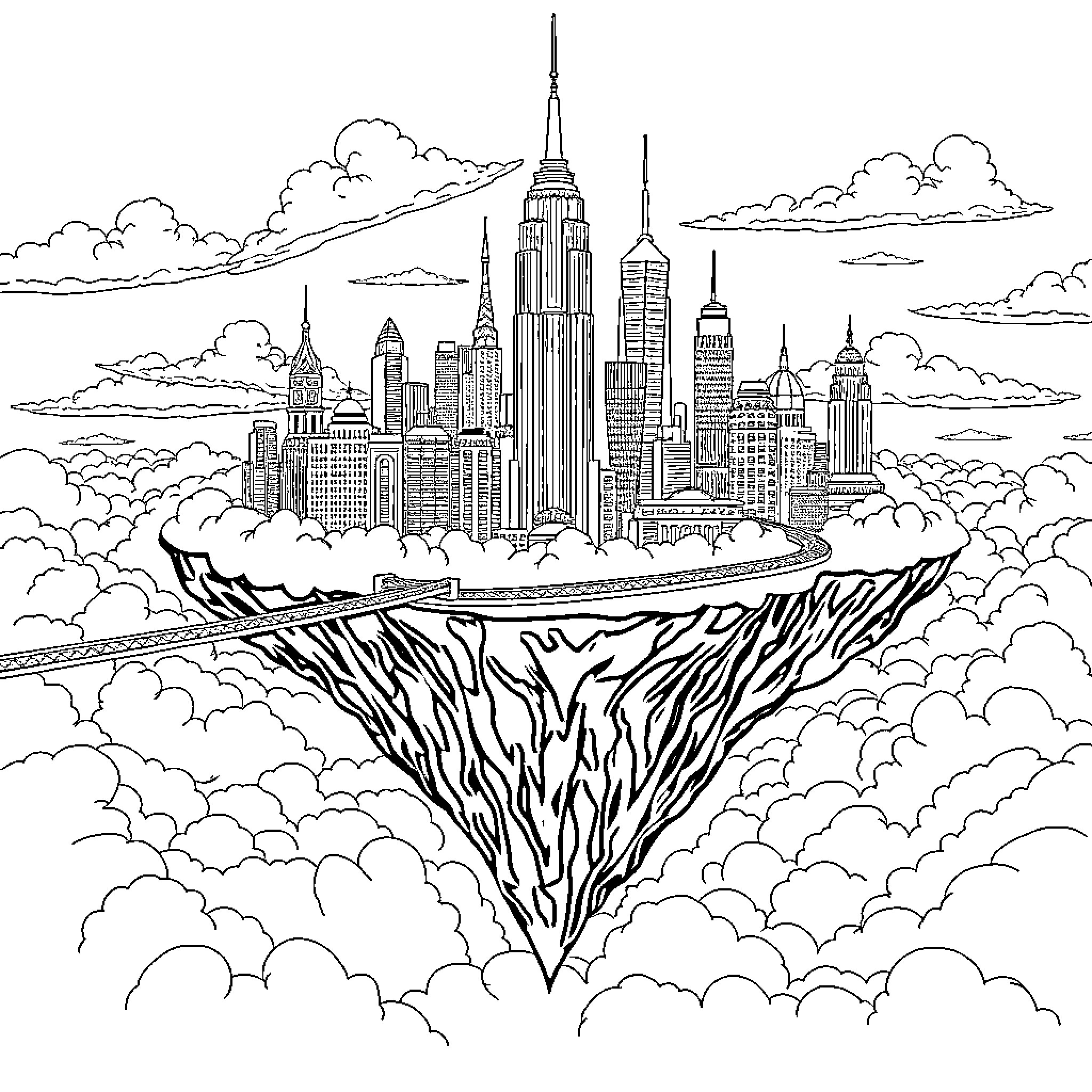 City of dreams hovering above the clouds Coloring Page (free black-and-white line drawing printable PDF for all, from beginners to advanced learners, including children, teens, adults, and seniors)
