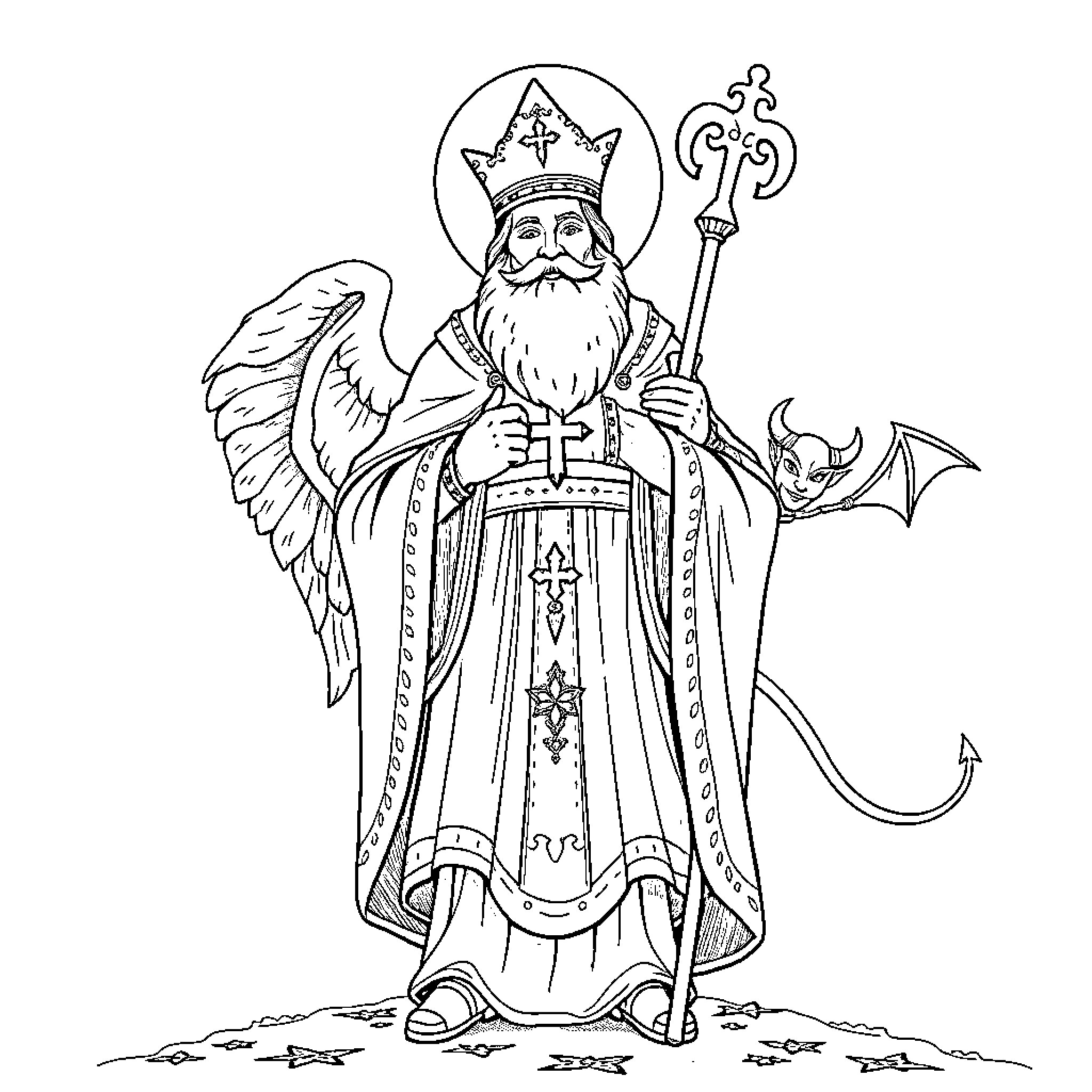 St. Nikolas as a holy figure in ceremonial robes Coloring Page (free black-and-white line drawing printable PDF for all, from beginners to advanced learners, including children, teens, adults, and seniors)