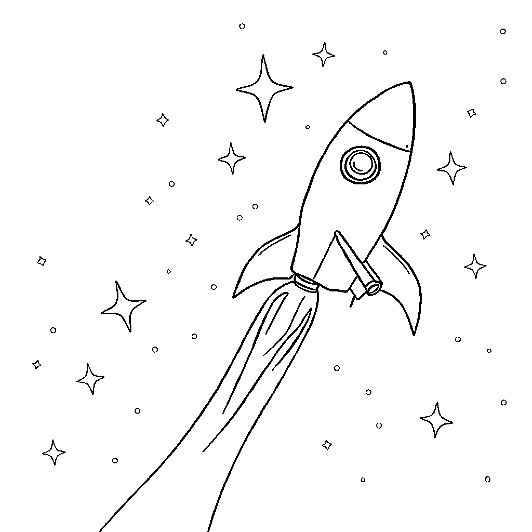 Rocket Launching Amidst Sparkling Stars Coloring Page (free black-and-white line drawing printable PDF for all, from beginners to advanced learners, including children, teens, adults, and seniors)