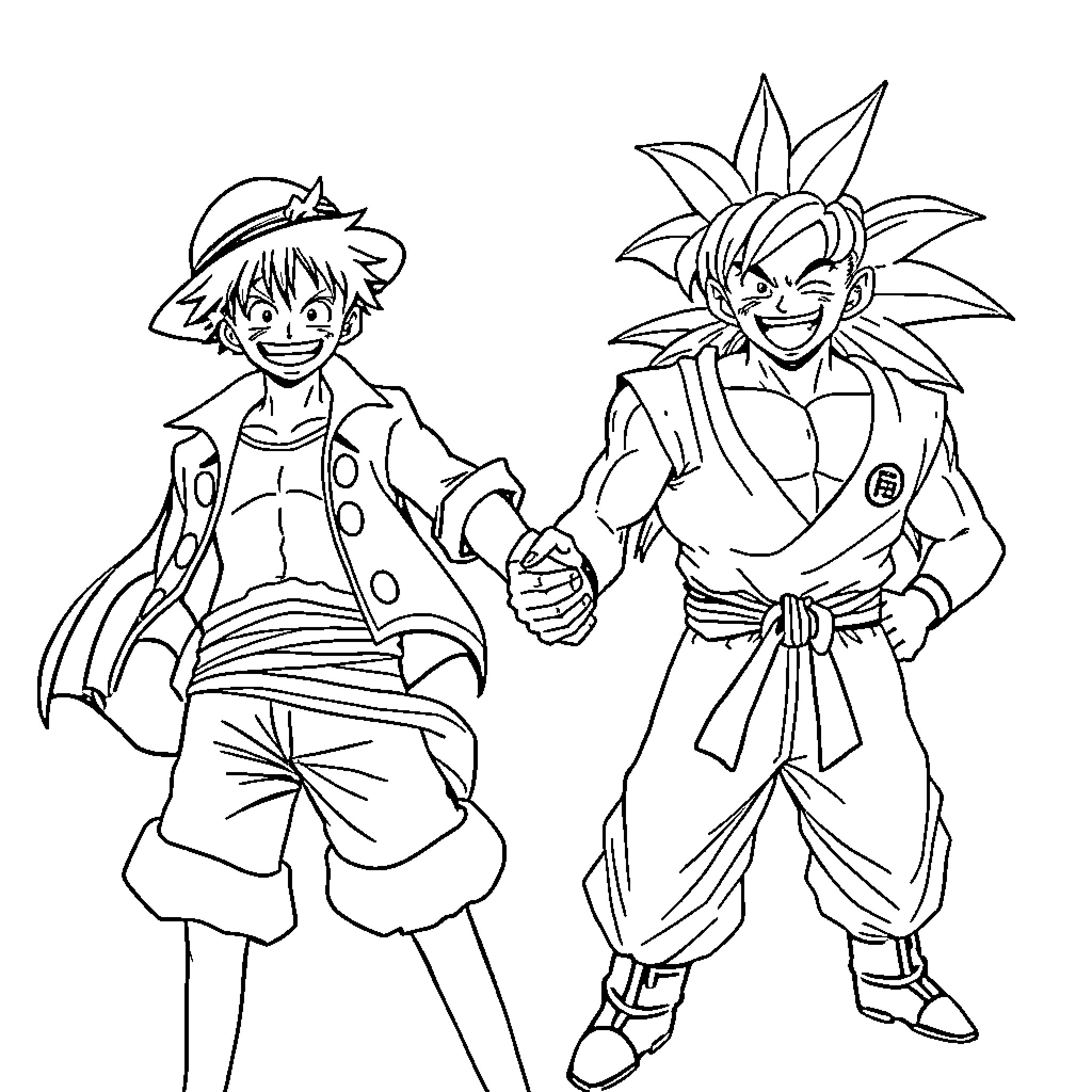 Luffy and Goku in action-packed poses Coloring Page (free black-and-white line drawing printable PDF for all, from beginners to advanced learners, including children, teens, adults, and seniors)
