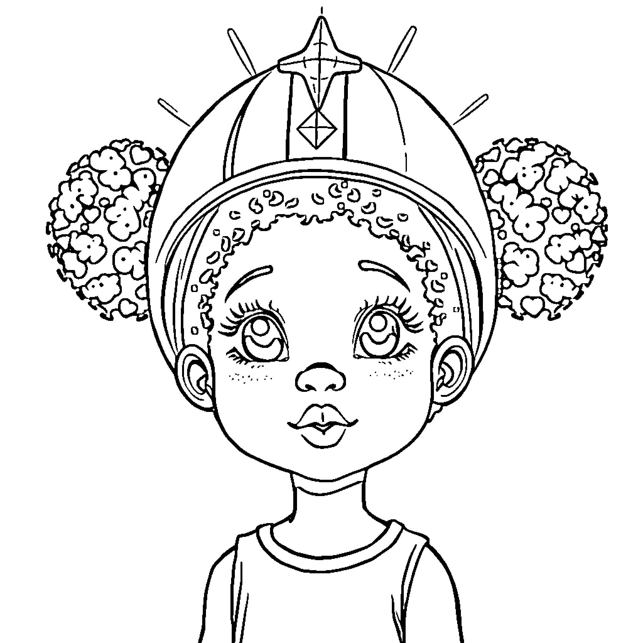 Girl in Whimsical Headpiece with Ornate Design Coloring Page (free black-and-white line drawing printable PDF for all, from beginners to advanced learners, including children, teens, adults, and seniors)