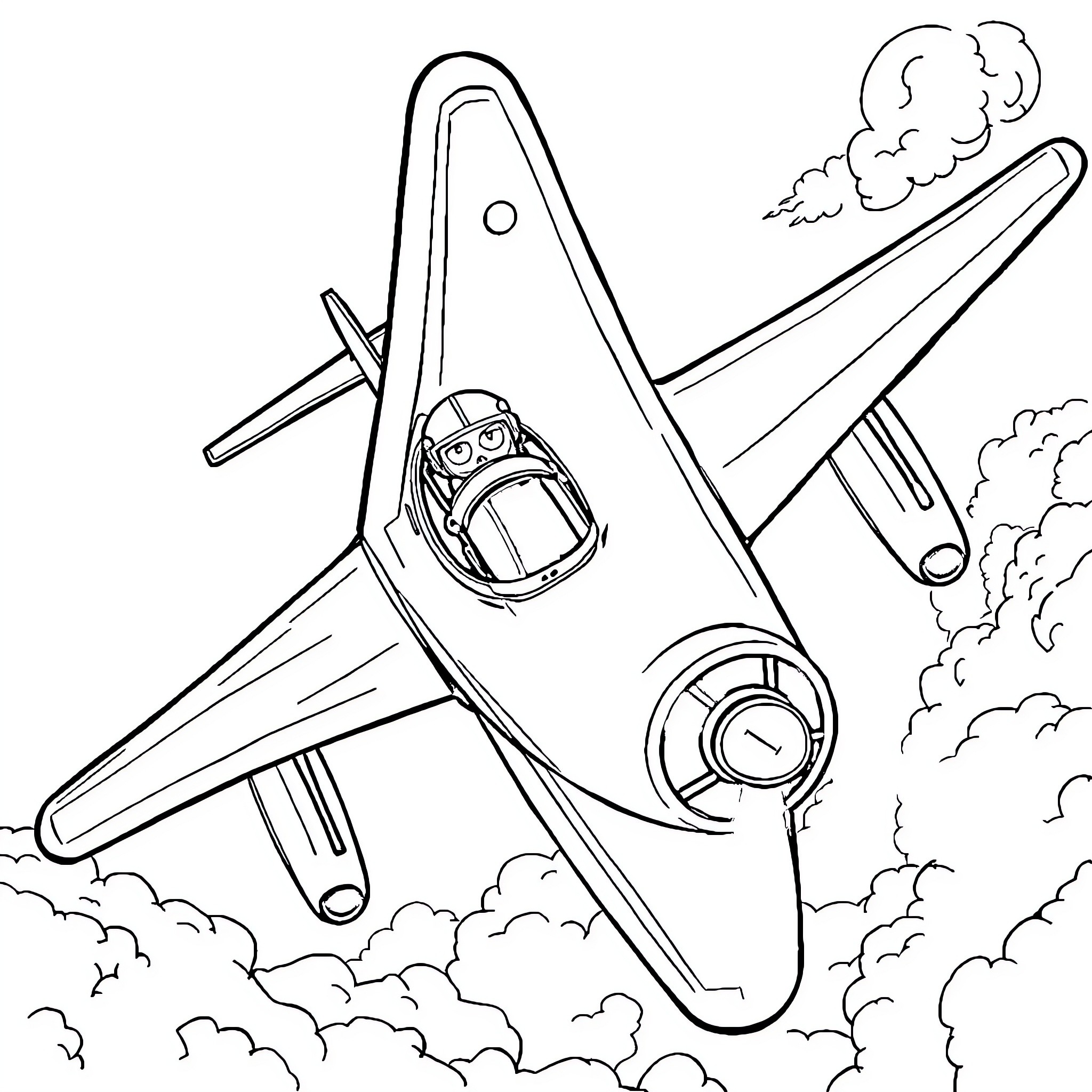 Fighter Plane soaring through the skies Coloring Page (free black-and-white line drawing printable PDF for all, from beginners to advanced learners, including children, teens, adults, and seniors)