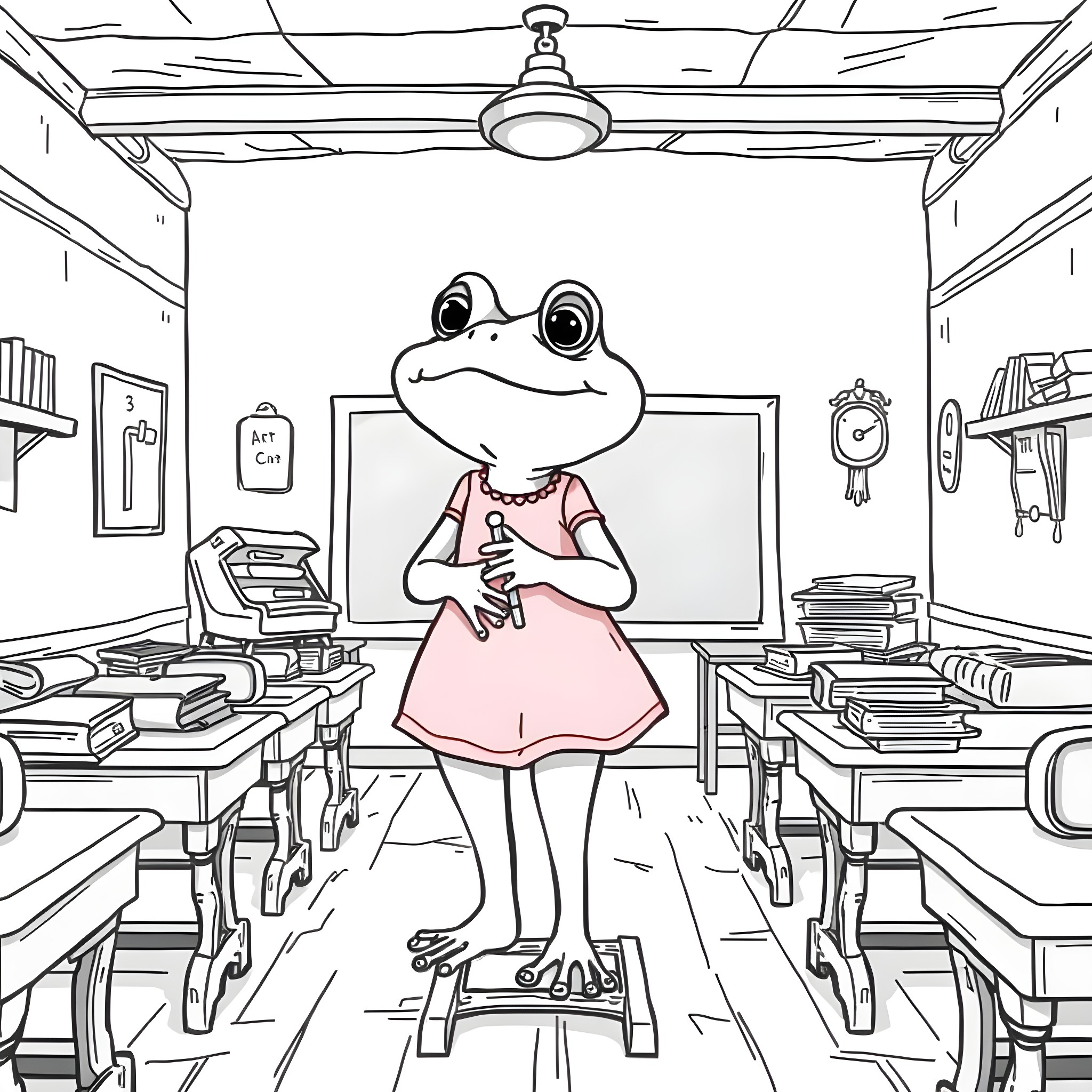 Frog student in a classroom Coloring Page (free black-and-white line drawing printable PDF for all, from beginners to advanced learners, including children, teens, adults, and seniors)